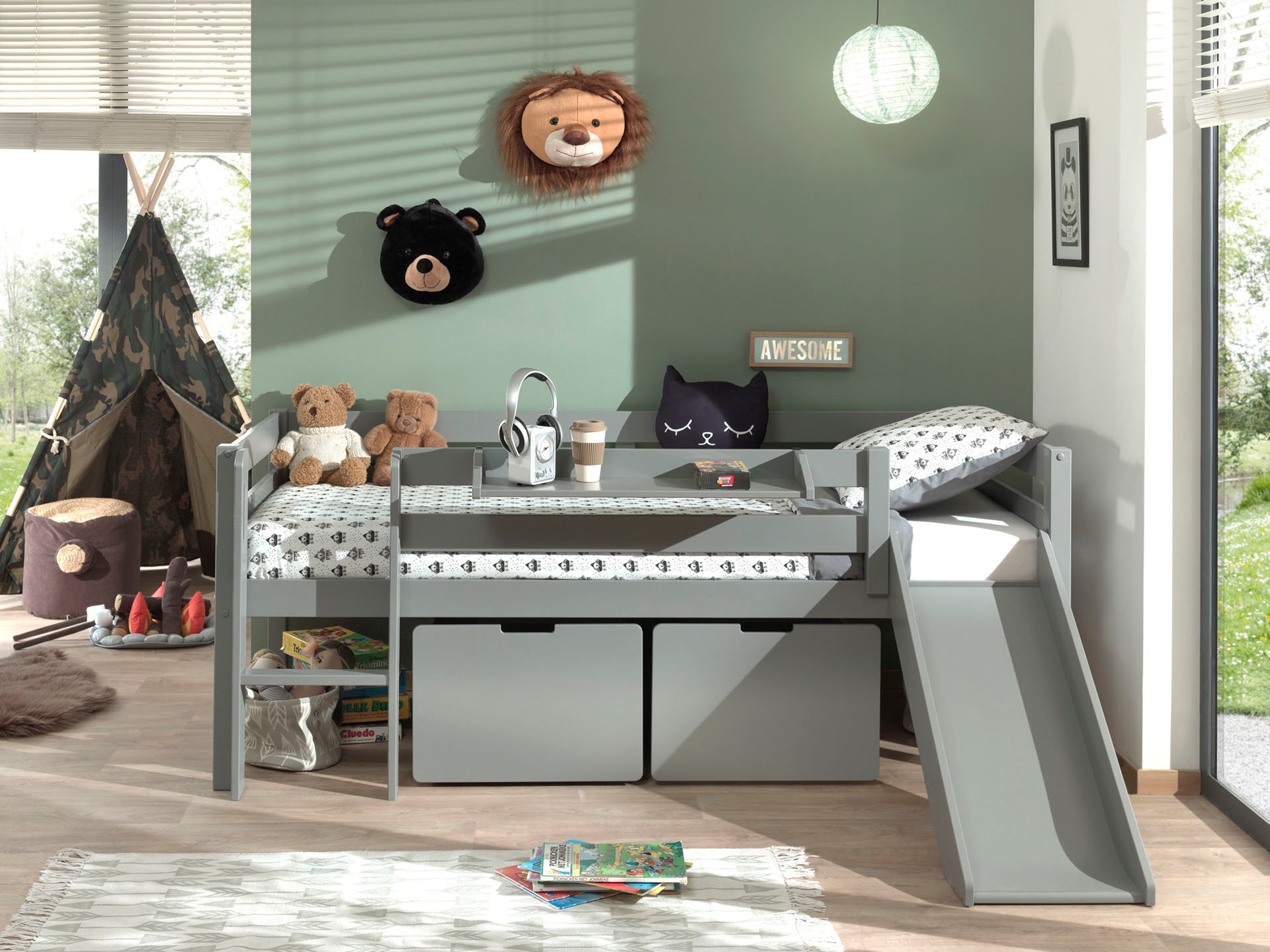 Vipack Spielbett »Pino, Kiefer massiv, mit Rolllattenrost, 2 Rollboxen, Made in Europe«, (B/H/T ca. 207,6x83x175cm, inkl. Leiter, Absturzschutz und Rutsche), wahlweise mit oder ohne Hängeregal, 2 Farben zur Auswahl