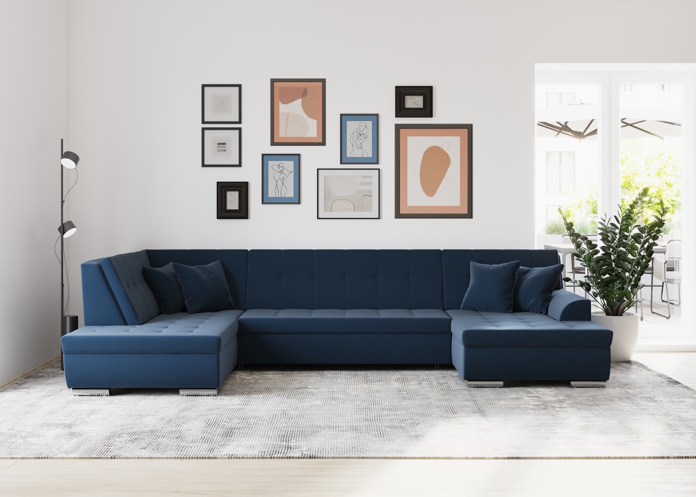 DOMO collection Wohnlandschaft »Treviso incl. Zierkissen, moderne Steppung, XXL: B/T/H: 364/201/83 cm« wahlweise mit Bettfunktion, in vielen Bezugsarten auch in Cord  U-Form