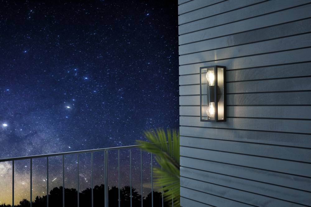 EGLO Wandleuchte »ALAMONTE 1 Wandlampe, Stahl, Glas, IP44, E27, Außenlampe, Garten Lampe«, 2 flammig, Leuchtmittel E27 | ohne Leuchtmittel, Wand-/Deckenleuchte, L15 x H38 x AL10 cm, schwarz, 2X60W exkl.