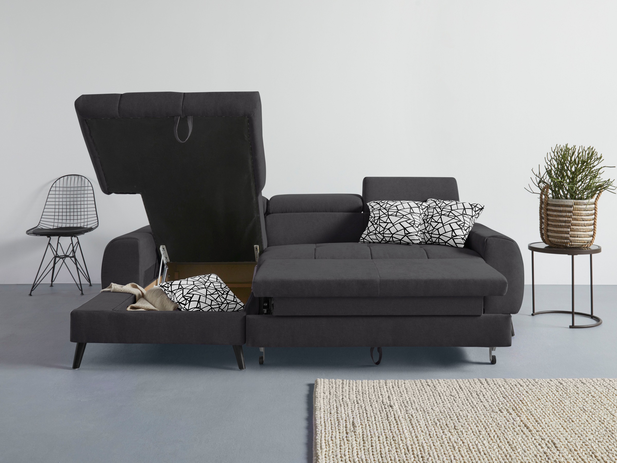 COTTA Ecksofa »Mia L-Form mit 3 Zierkissen«, wahlweise mit Bettfunktion, Bettkasten, Beleuchtung & Wireless-Charger