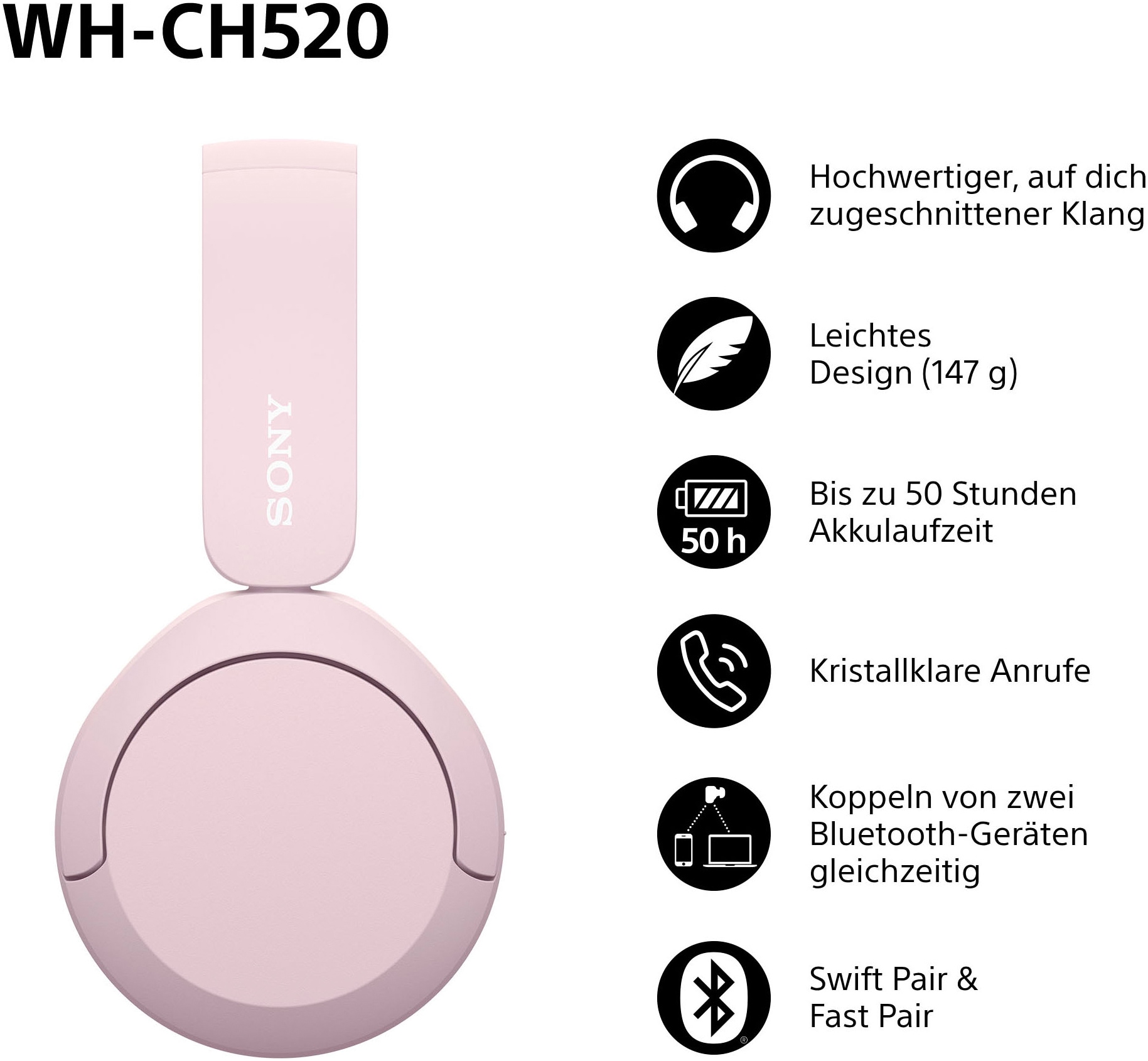 Sony Bluetooth-Kopfhörer »WHCH520«, Bluetooth, Freisprechfunktion-Rauschunterdrückung-Sprachsteuerung-kompatibel mit Siri, 200 Std. Max. Akkulaufzeit (Standby)