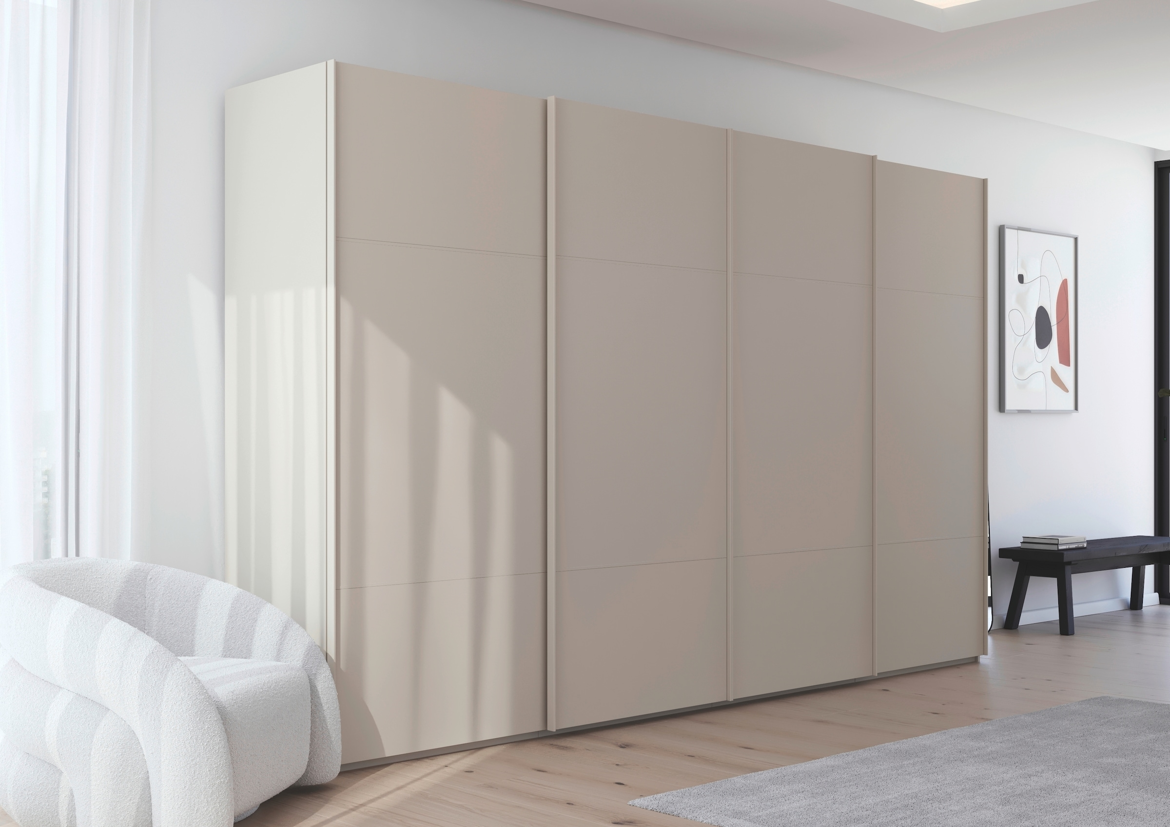 rauch Schwebetürenschrank »Kleiderschrank Schrank Garderobe Schlafzimmerschrank SCALE-TRIO«, edle dreigeteilte Front, 2 Zierleisten in Griff-Farbe MADE IN GERMANY