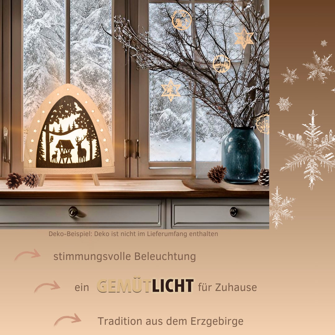 Weigla Lichterbogen »LED Hirsch, Holz Dekolampe, Winterdeko, NATUR-BRAUN, Made in Germany« 1 Stk. Erzgebirge garantiert, Weihnachtsdeko Innen, Weihnachtsbeleuchtung
