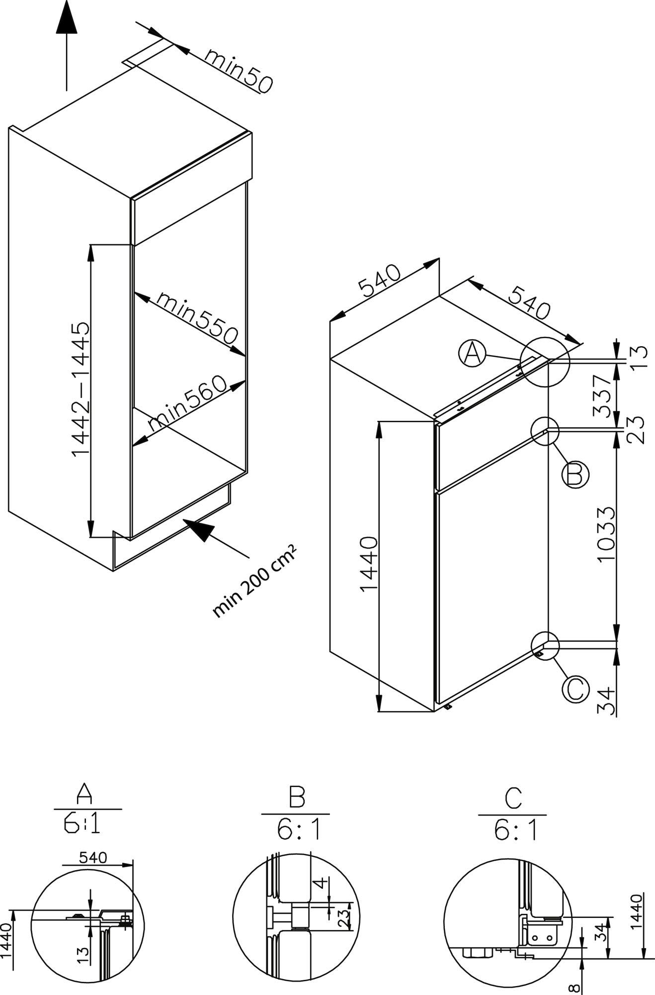 Amica Einbaukühlgefrierkombination »EDTS 374 900«, EDTS 374 900, 144 cm hoch, 54 cm breit, LED- Beleuchtung