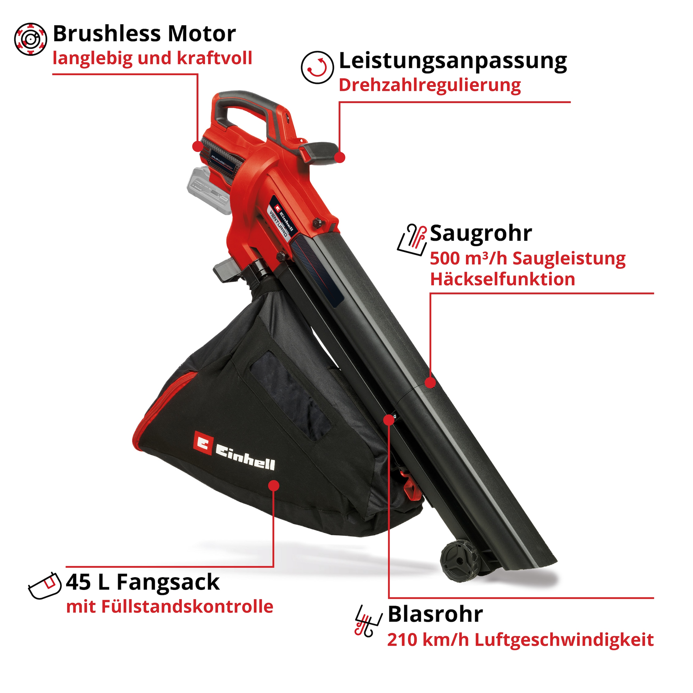 Einhell Akku-Laubsauger »VENTURRO 18/210« km/h Blasgeschwindigkeit, ohne Akku und Ladegerät