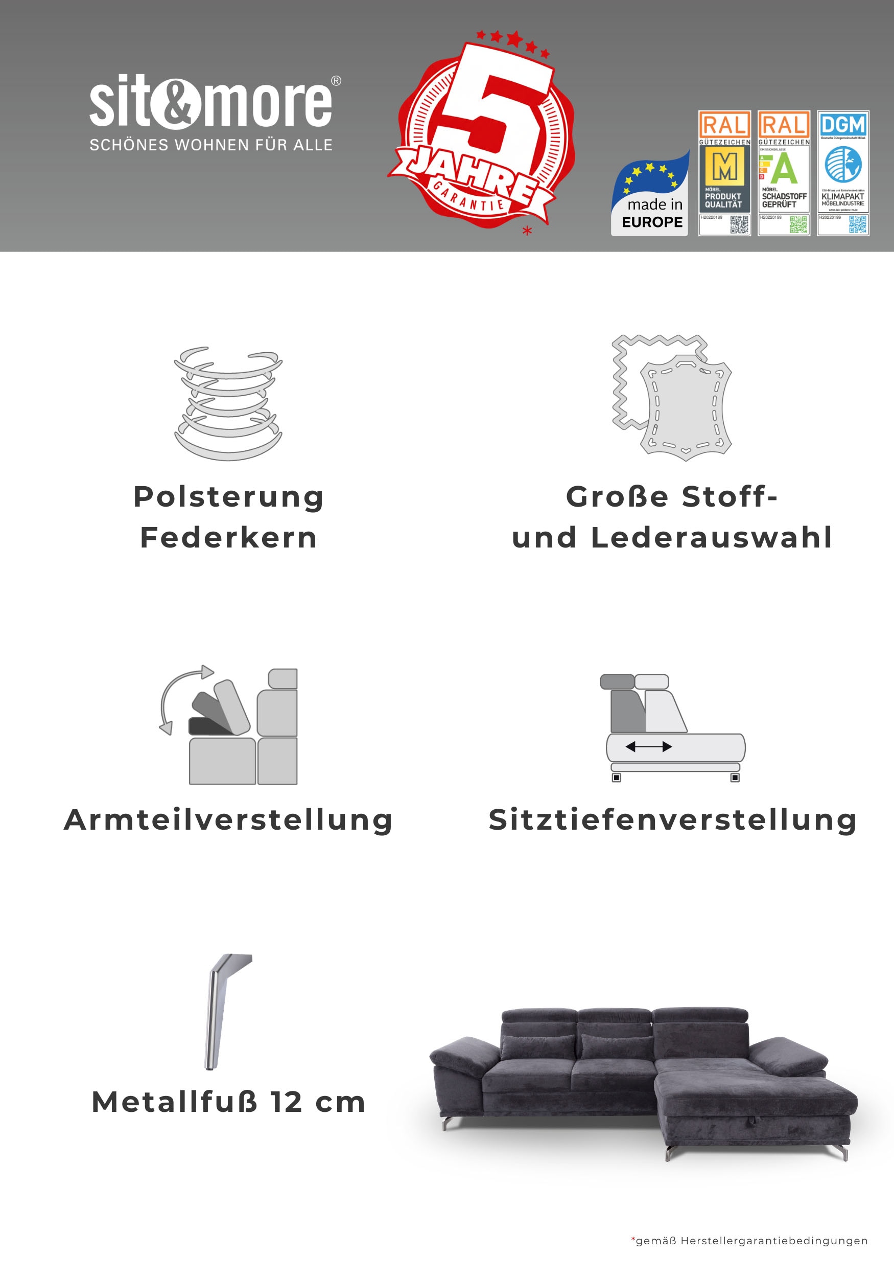 sit&more Ecksofa »Cabrio L-Form, B: 295 cm, mit Sitztiefen-, Arm- & Kopfteilverstellung« 2 Nierenkissen, Federkern, optional Bettfunktion und Stauraum