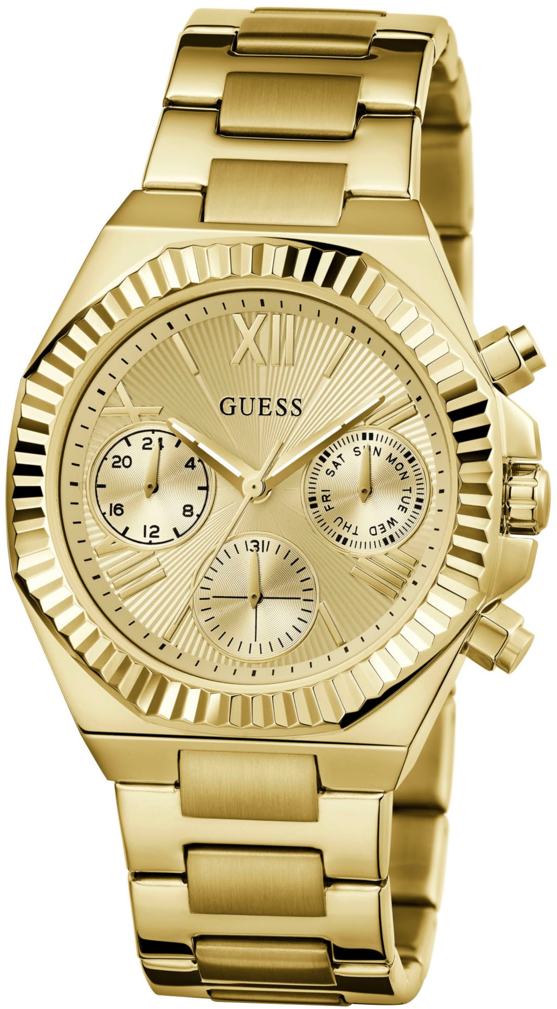 Guess Multifunktionsuhr »EQUALITY«, Quarzuhr, Armbanduhr, Damen, Herren, unisex, Datum, Edelstahlarmband