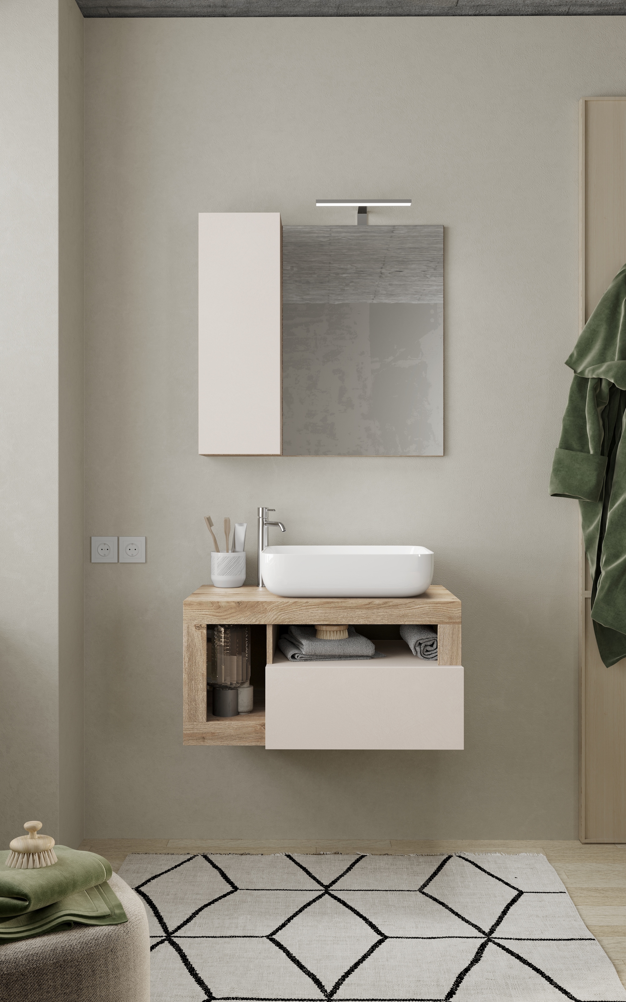 welltime Badmöbel-Set »Hamburg, Badezimmerset 2tlg. Breite 79 cm, Badmöbel, Waschtisch inkl.«, (Spar-Set, 2 St.), Waschbecken, Spiegelschrank mit LED Aufbauleuchte, Soft-Close-Funktion