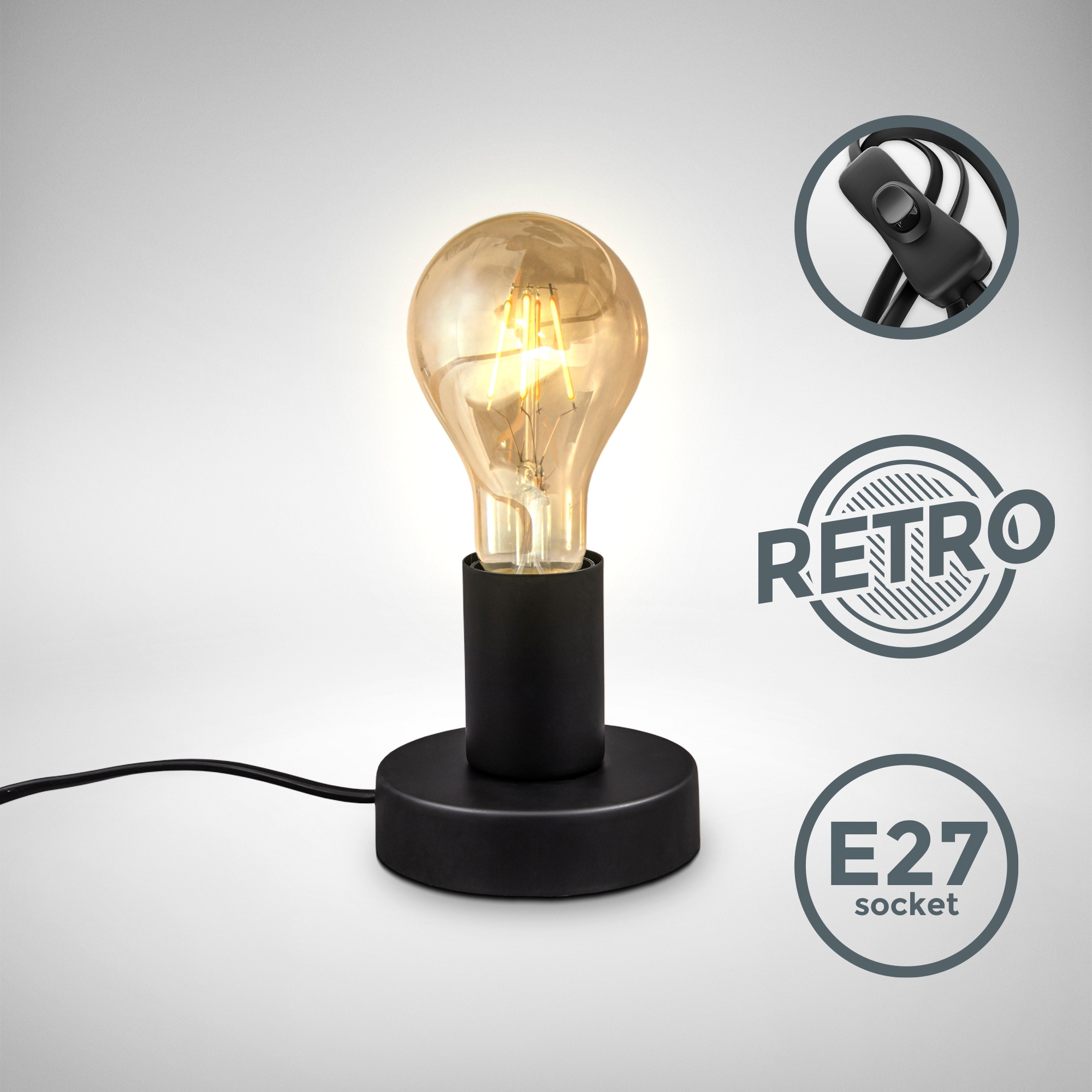 B.K.Licht Tischleuchte »BK_TL1378 Retro Tischlampe, | flammig-flammig, Matt-Schwarz, E27«, mit 1 online 3 Jahren kaufen Nachttischlampe, Kabelschalter, Leuchtmittel 10W), ohne mit (max. Garantie XXL Ø10cm