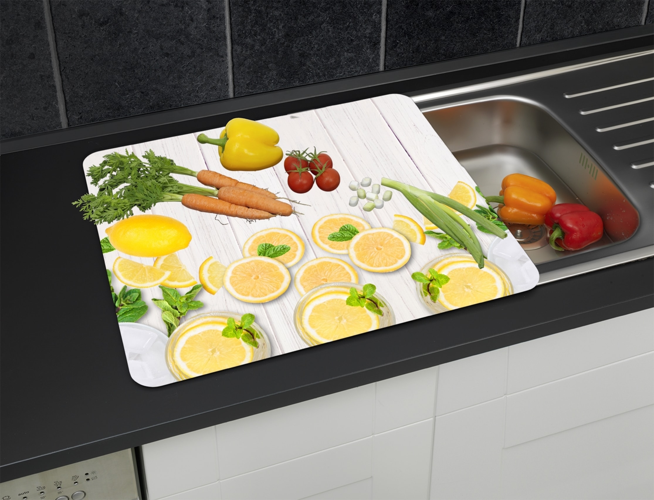 WENKO Herd-Abdeckplatte »Multi Modell Zitronen« Spritzschutz, Herdblende, Schneidbrett, für Glaskeramik-Kochfelder