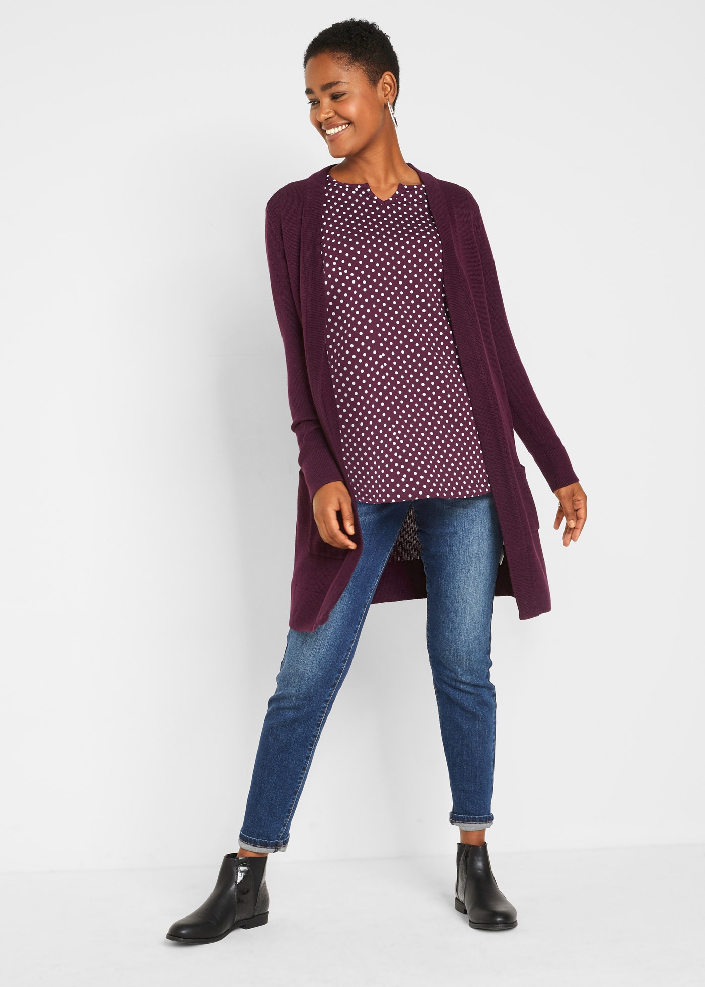 bonprix Langarmshirt »Gepunktetes Baumwoll-Langarmshirt mit Seitenschlitzen« lockere Passform, mit Seitenschlitzen, gepünktetes Design