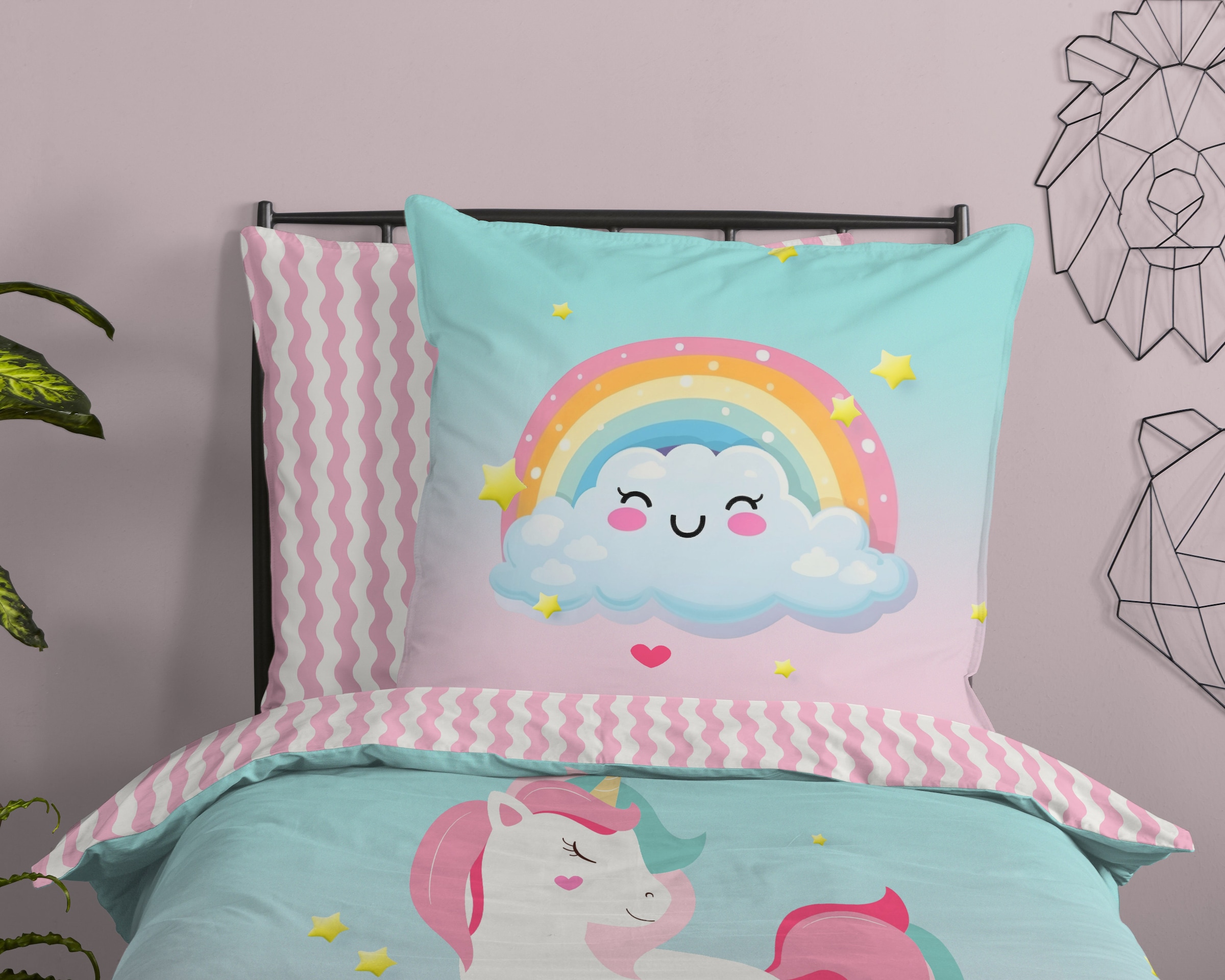 good morning Kinderbettwäsche »Sweety«, Baumwolle, 135x200, Wendeoptik, Kind, Einhorn, Regenbogen, Rosa, Multi