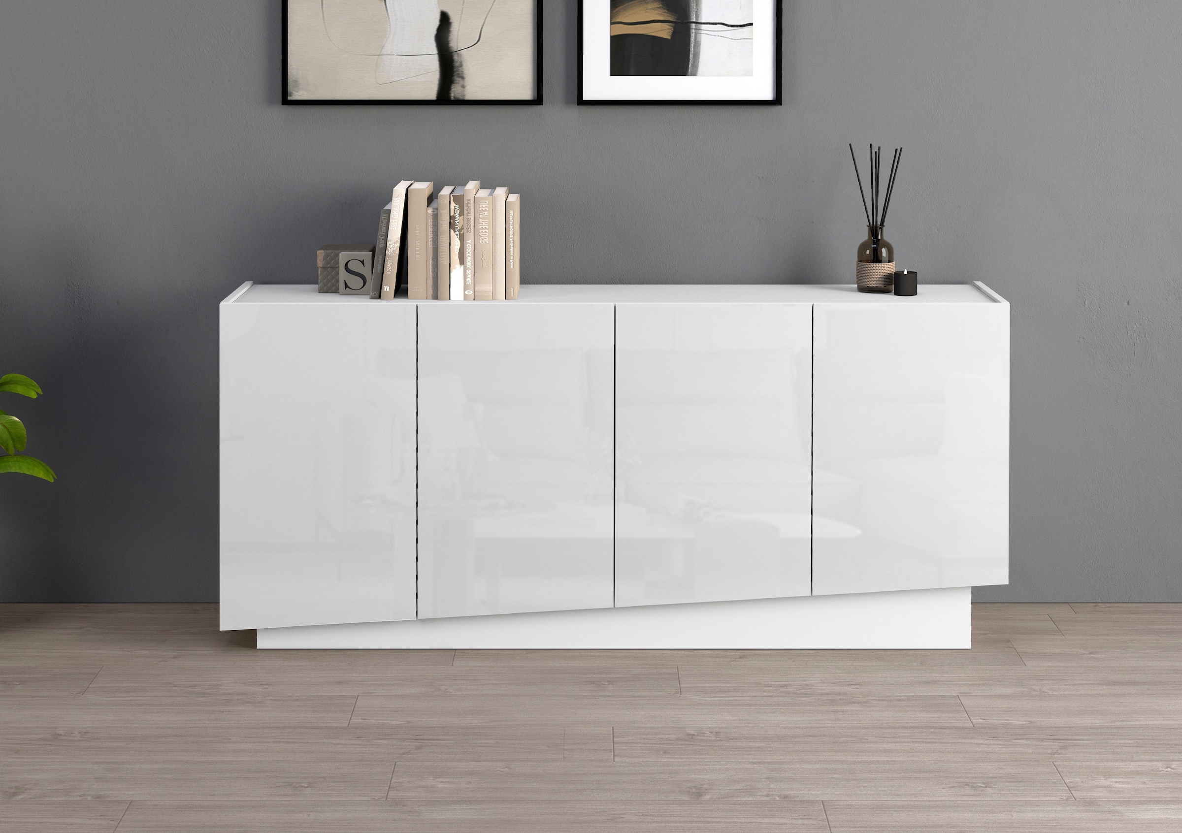 OTTO home Sideboard "VELA, Breite 160 cm, Design mit schrägen Türen, Maße-B/T/H: 160x35x75" 1 Stk. tlg. Made in Italy, Fronten Hochglanz lackiert,Sideboard, Anrichte, Kommode