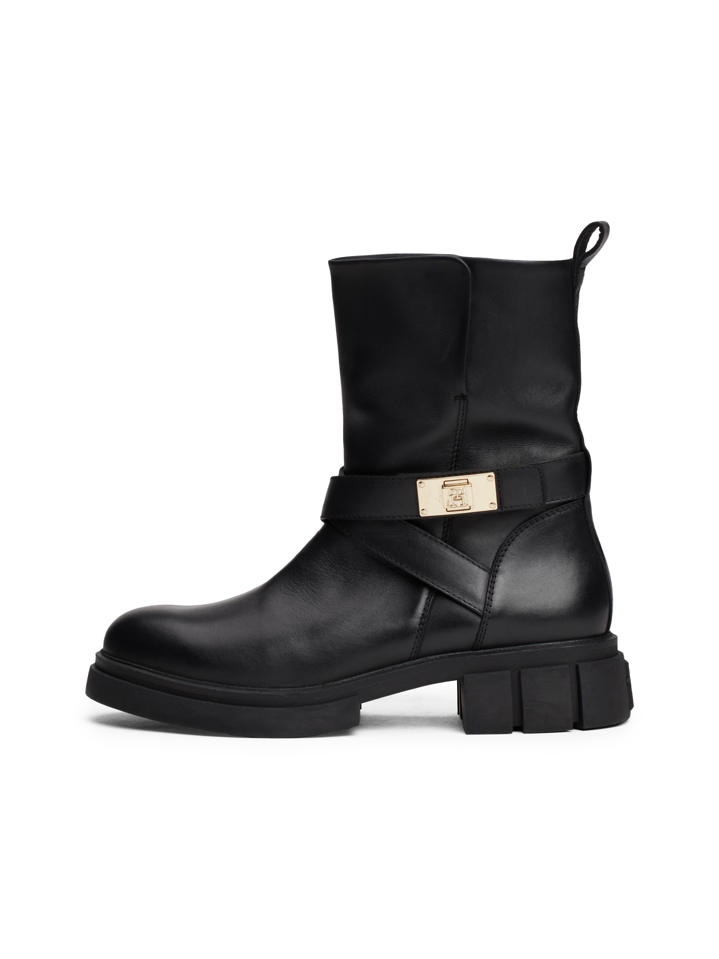 TOMMY HILFIGER Bikerboots »BIKER LEATHER«, Blockabsatz, Stiefelette, Boots mit goldfarbenem...