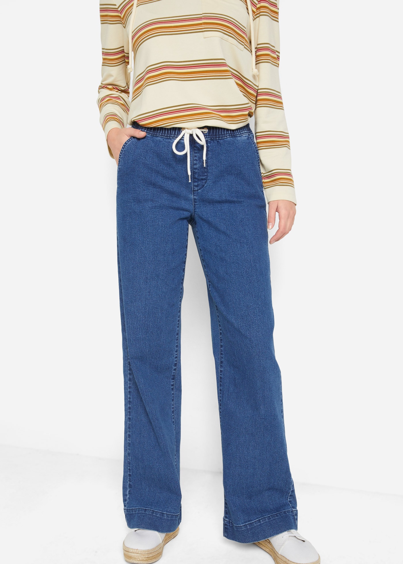 bonprix Weite Jeans »Wide Leg Jeans Mid Waist, Stretch« Loose Fit Passform, mit elastischem Bund und Tunnelzug