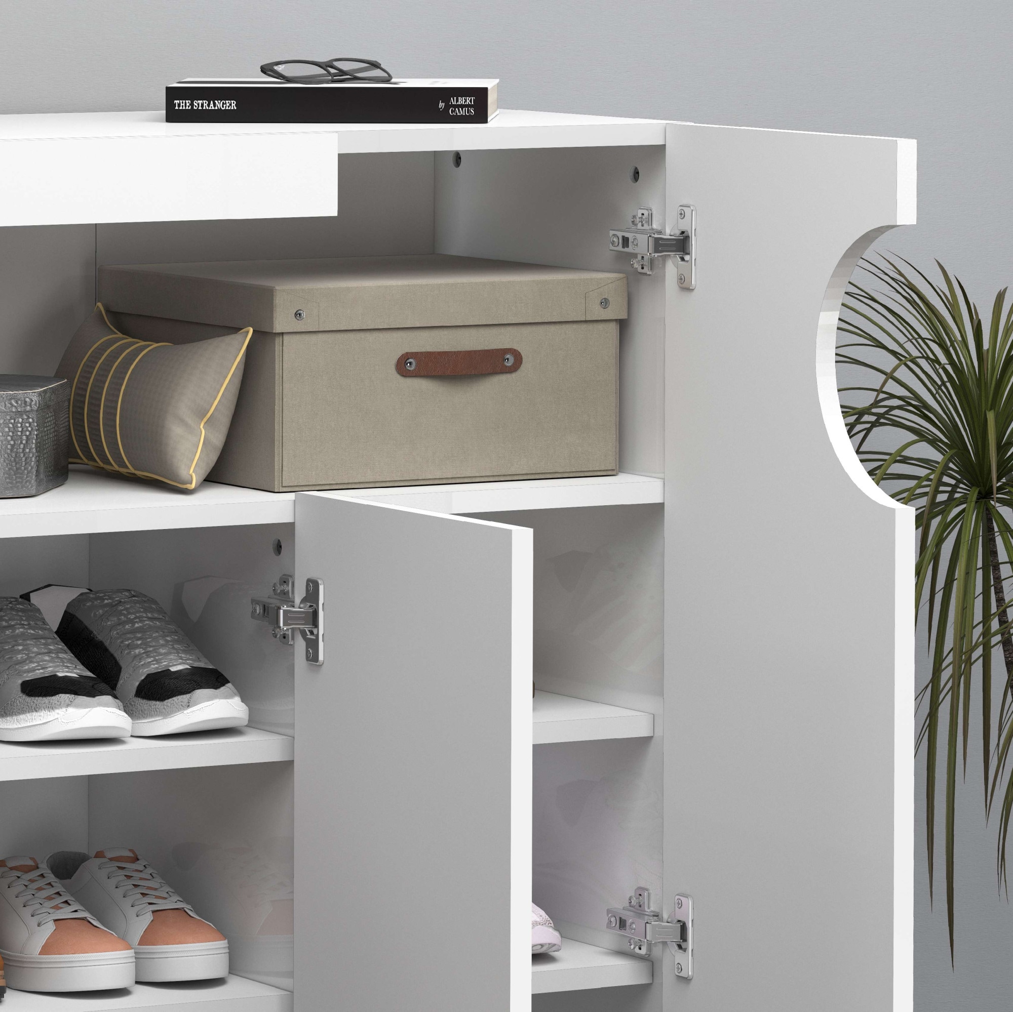 INOSIGN Schuhschrank »Real,Schuhschrank,Schuhkommode,Schuhregal,Breite 90 cm«, komplett Hochglanz lackiert, 3 Türen mit offenem Fach in ovaler Form