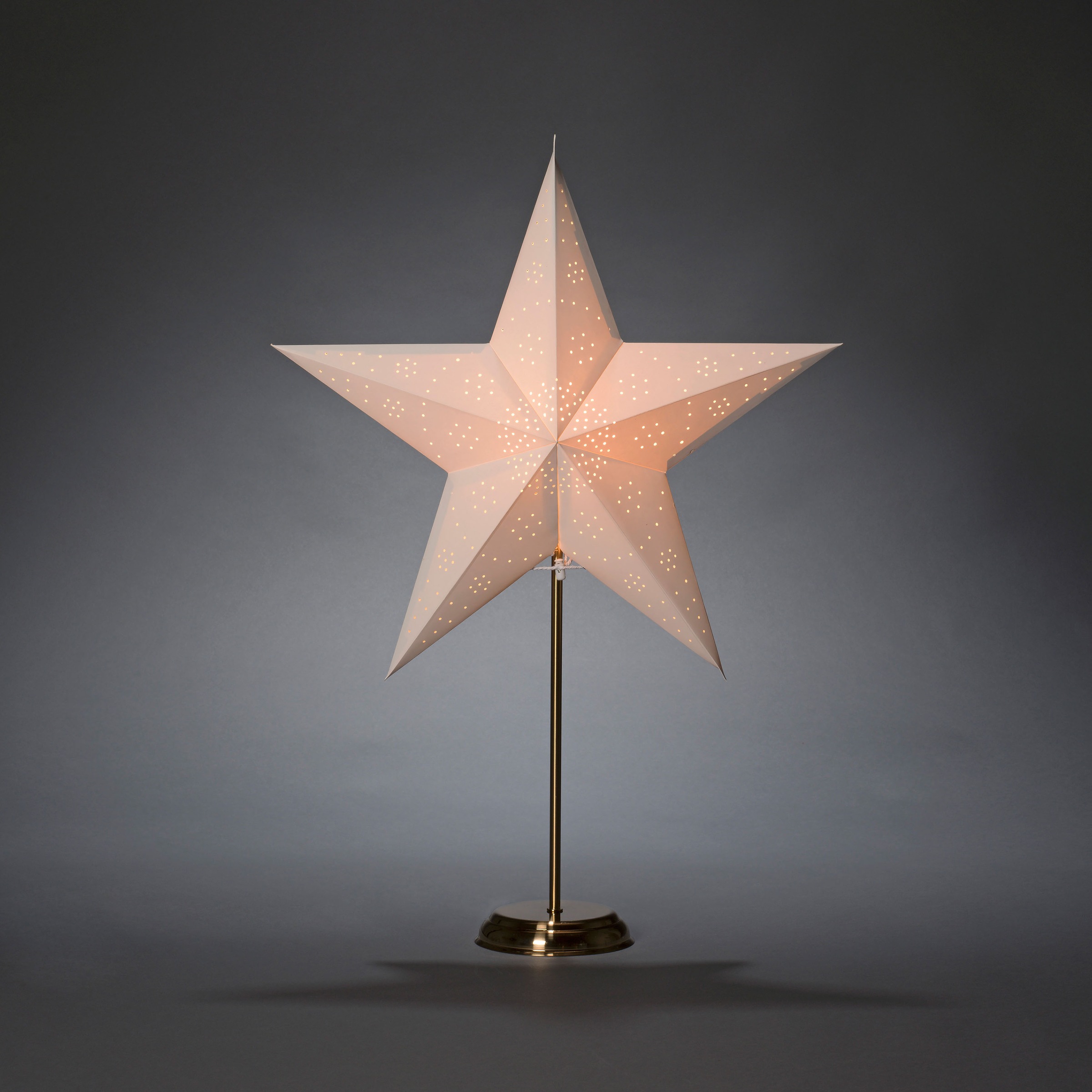 KONSTSMIDE Dekostern »Weihnachtsstern, Weihnachtsdeko«, (1 St.), beleuchteter Papierstern, mit weißem Muster, mit messingfb. Metall-Fuß