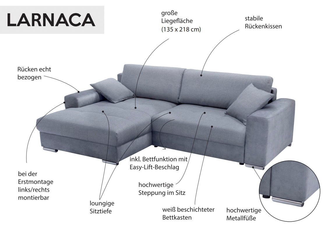 exxpo - sofa fashion Ecksofa »Larnaca, inkl. Bettfunktion und Bettkasten, bequem und komfortabel,« mit extrabreiten Rückenkissen und 2 Zierkissen