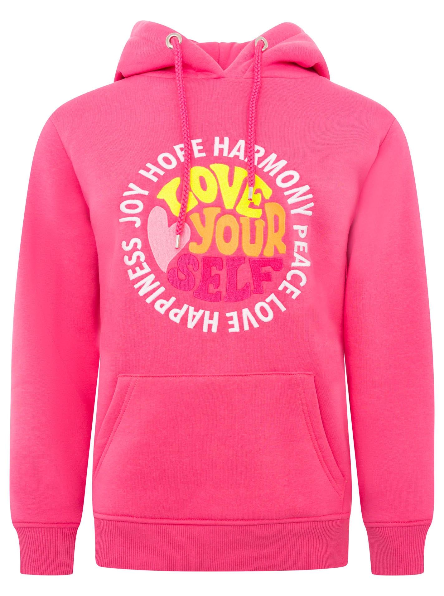 Zwillingsherz Hoodie »"Love Yourslef"«, runde große Frontstickerei, farbige Kordel, Kängurutasche
