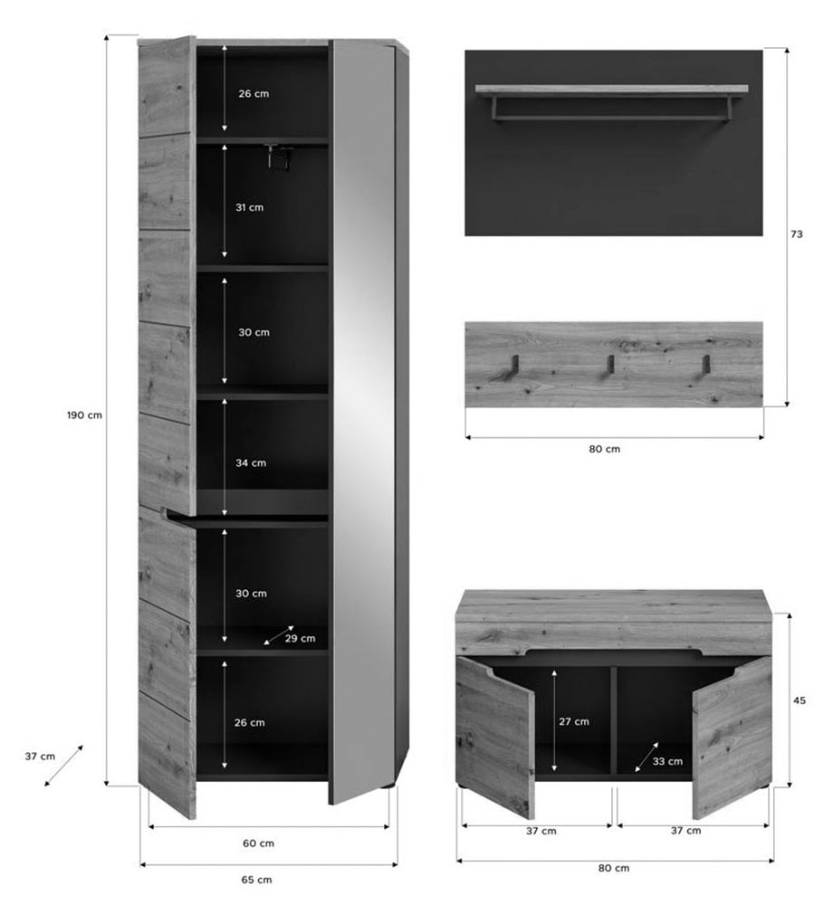 INOSIGN Garderoben-Set »Garderobenkombination Rehat, Breite 160cm,in Basalt grau/Artisan Eiche«, (3 St.), Flurmöbel, Dielenmöbel, Kombination, Diele, Garderobe, Garderobenmöbel