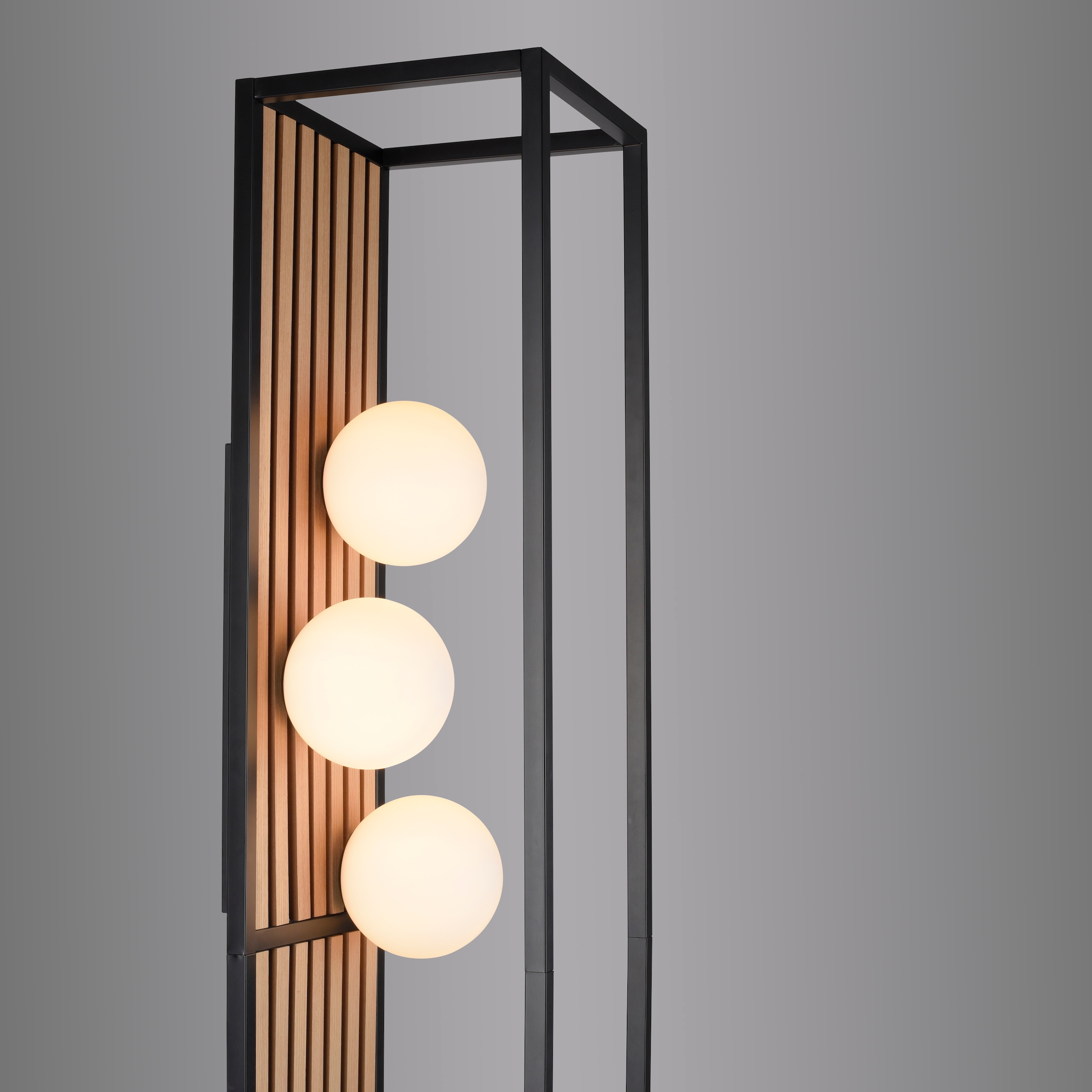 my home Stehlampe »Erinette Akustikpaneele mit Glaskugeln« E14 Warmweiß Holz, Akustik, Paneele, Glas, opal matt weiß, Stehleuchte, Fußschalter