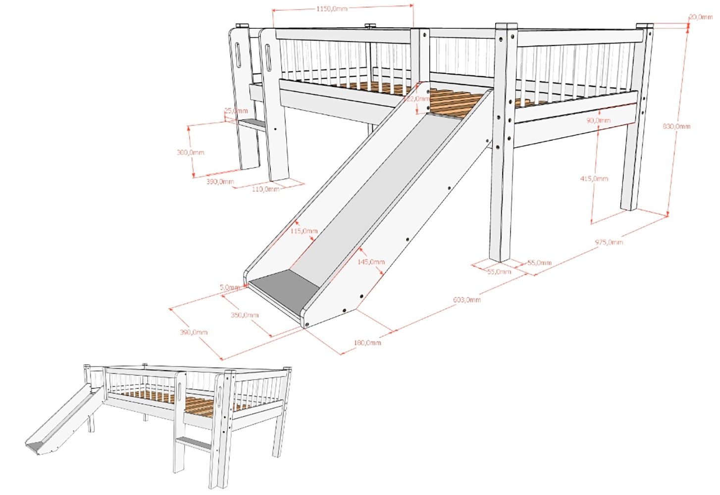 Vipack Massivholzbett »Forrest Made in Europe, stabil und hochwertig gebaut, mit 2 Rollboxen« 90/200 cm, mit Rollrost, Leiter und Rutsche, seitenverkehrt montierbar, 
