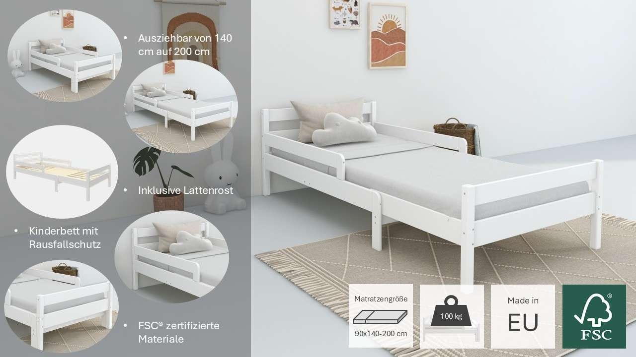 OTTO home Kinderbett »Wenke,  ausziehbar von 140 bis 200 cm, FSC®« 90cm Breite, 140-200cm Liegefläche,  massive Kiefer, mit Lattenrost, zeitlose Optik,  Rausfallschutz