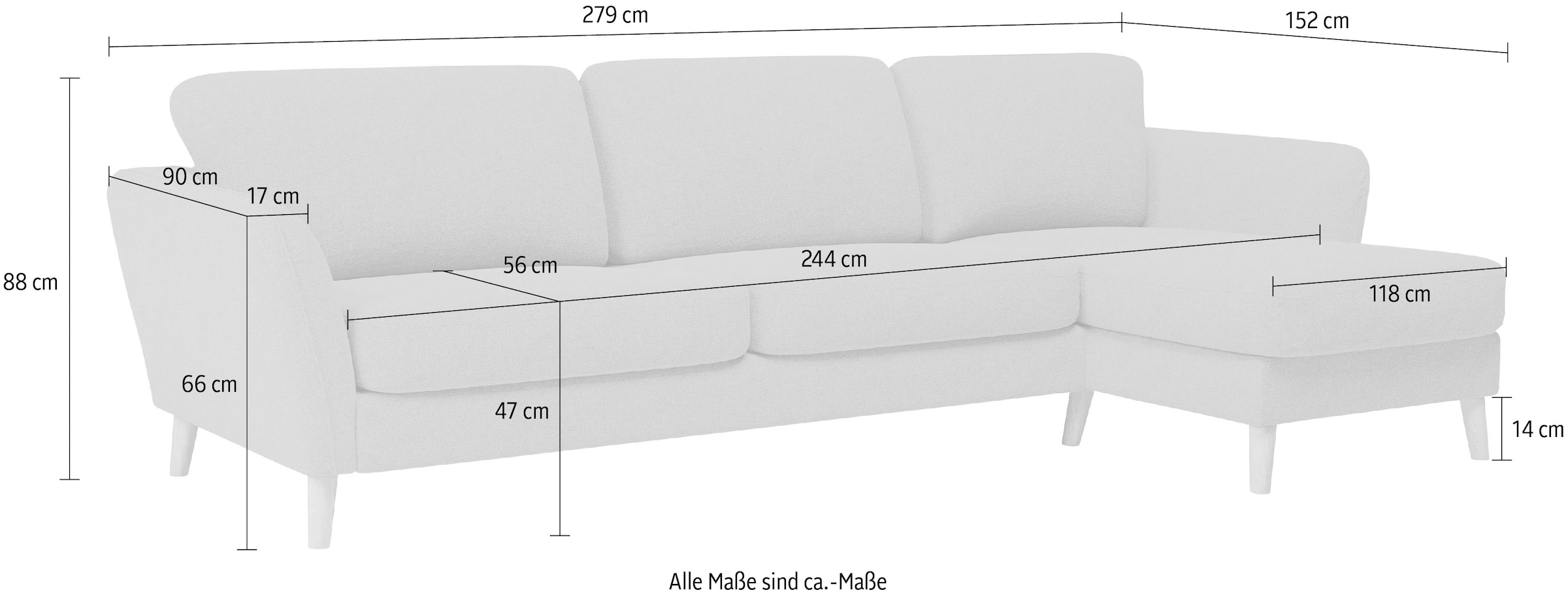 Home affaire Ecksofa »MARSEILLE (279/152cm),L-Form, Rec. rechts/links«, Massivholzbeine aus Eiche, in verschieden Bezügen und Farbvarianten