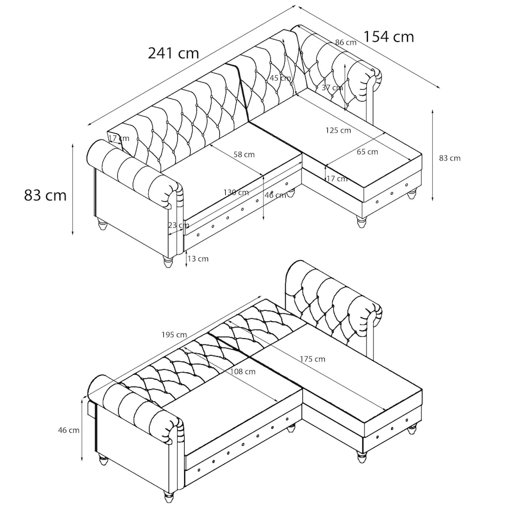 Dorel Home Ecksofa »Felix Schlafsofa 241 cm (Liegefl. 108x195 cm), Recamiere tauschbar,«, verstellb. Rückenlehne, Sitzhöhe 46cm, Velours, Kunstleder, Vintage