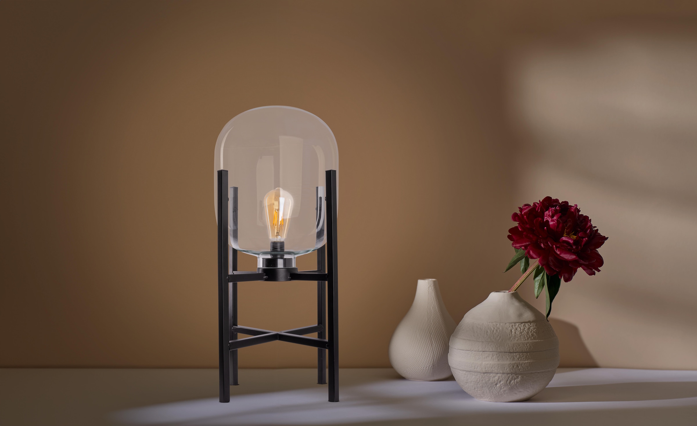 näve LED Sockelleuchte »Lora« LED-Modul 1 Stk. Warmweiß Glasschirm, Akku, inkl. USB-C-Kabel 100cm,Timer, Schiebeschalter, IP44