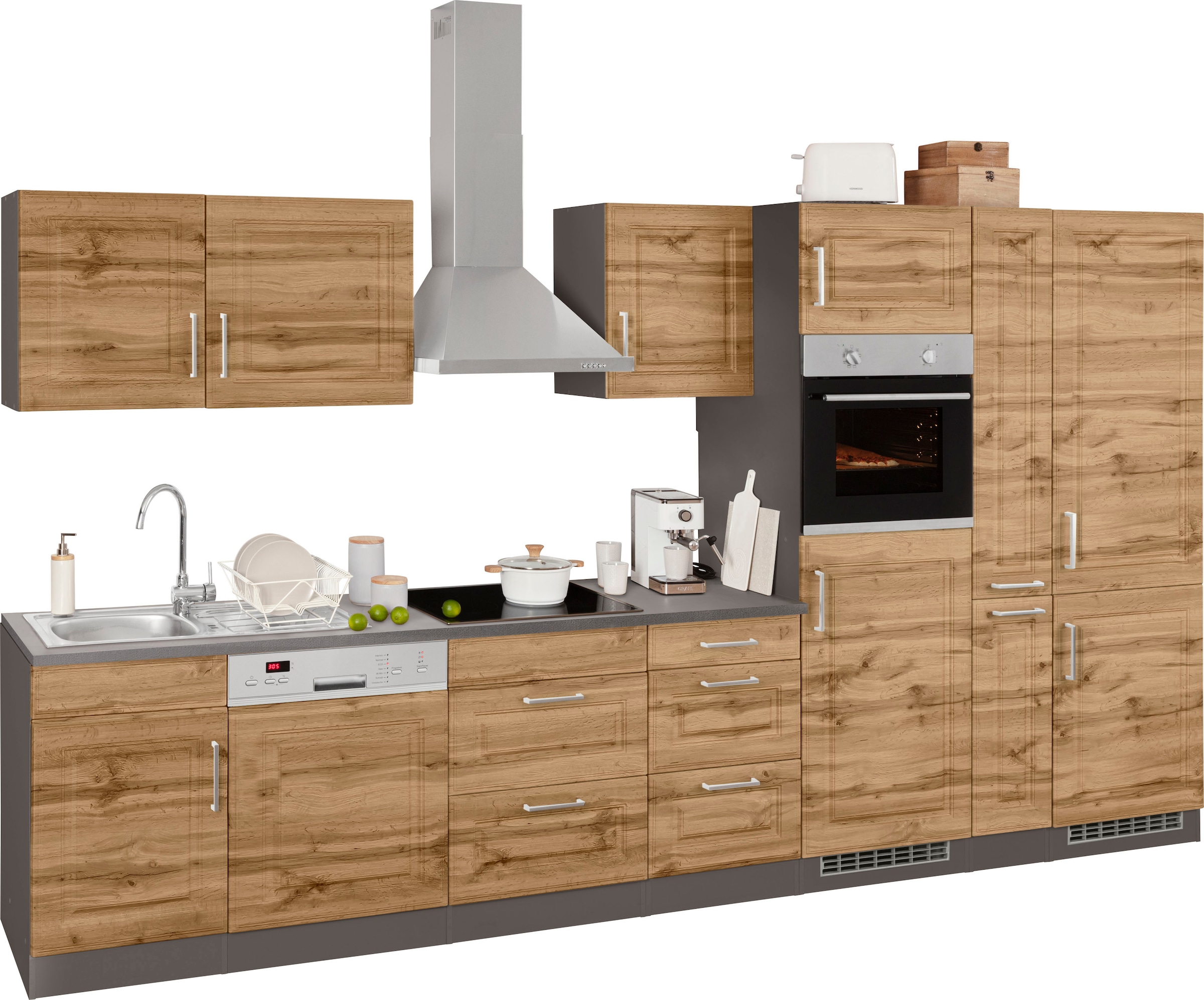 KOCHSTATION Küchenzeile »KS-Stockholm«, Breite 370 cm, mit hochwertigen MDF Fronten im Landhaus-Stil