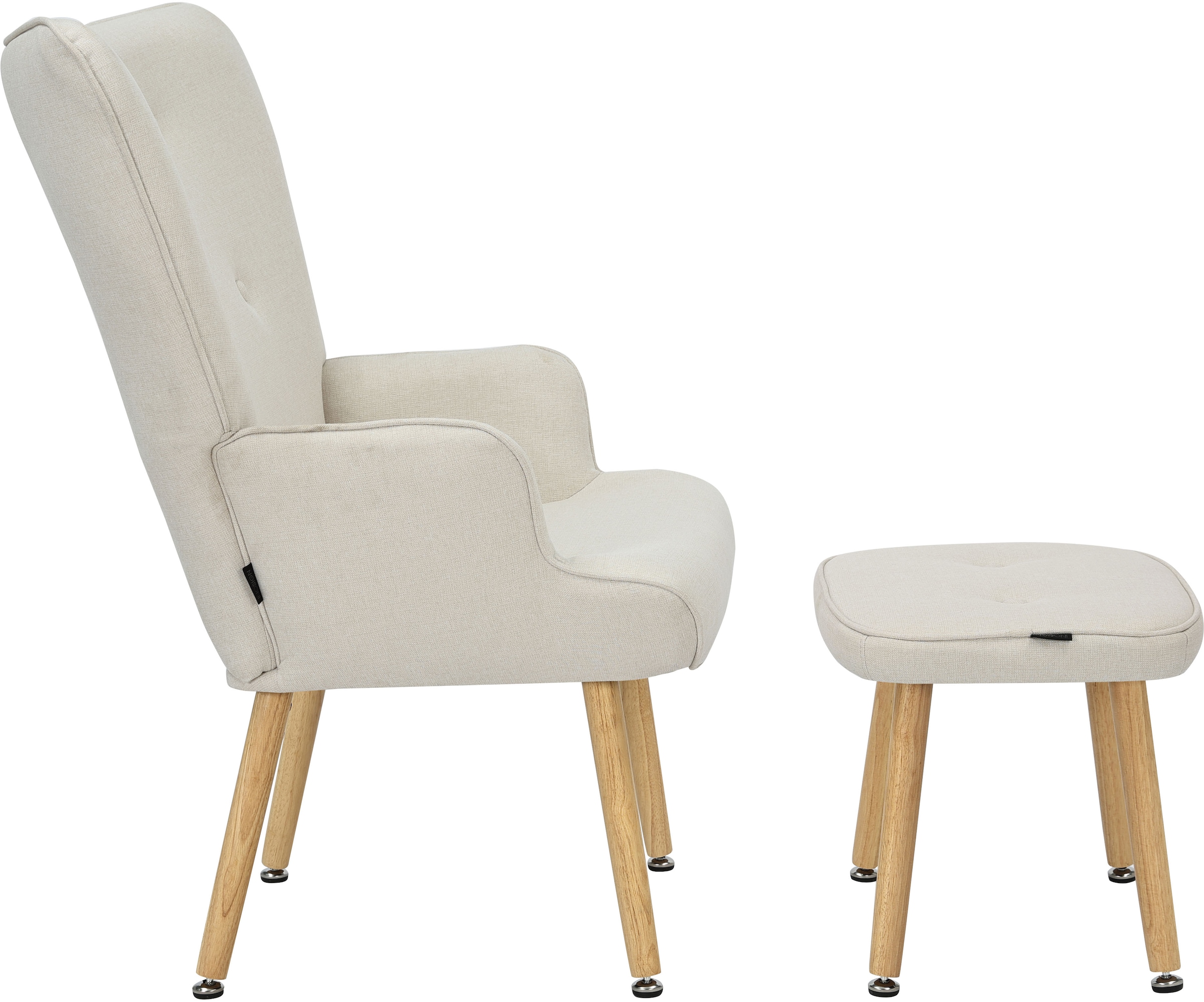 INOSIGN Ohrensessel »PERHAM, Sessel mit Hocker im Set, Knopfheftung, Massivholz-Füße,«, komfortabler Relaxsessel und Sitz-Hocker mit Strukturbezug