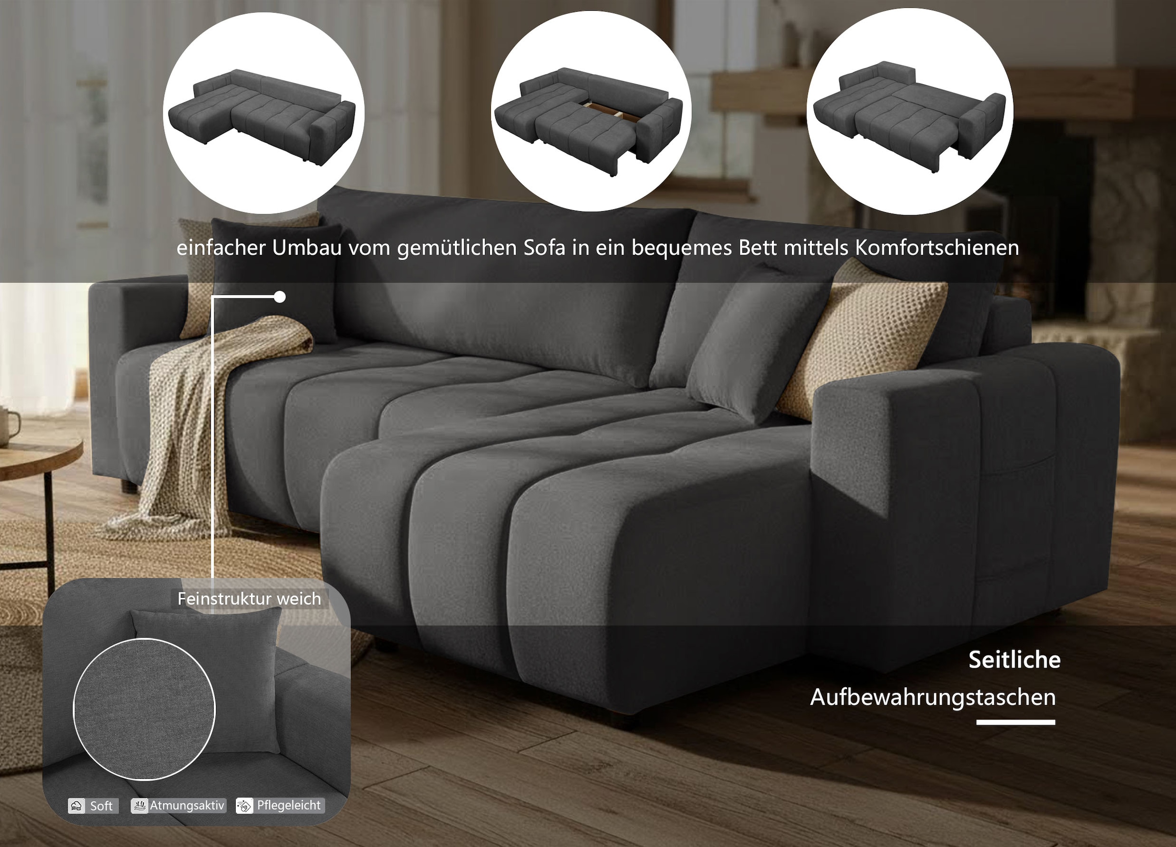 OTTO home Ecksofa »YLVAA L-Form, 241 cm - OTTO. Verlässliche Qualität.« Schlaffunktion (132/200), Bettkasten, Feinstruktur-Bezug