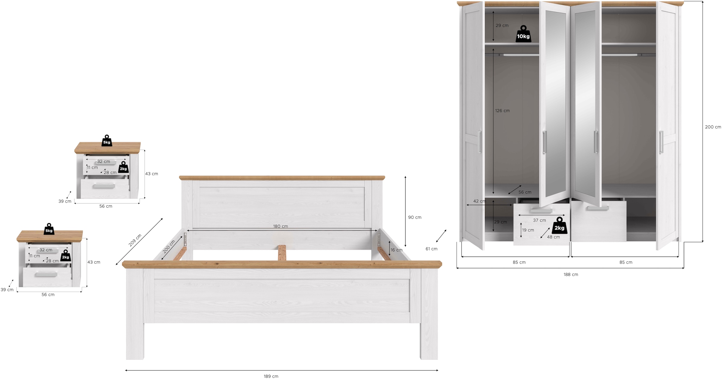 Home affaire Schlafzimmer-Set »COSENZA, 4-tlg., Kleiderschrank, Bettgestell & Nachttische« Matratzengröße 180x200 cm, viel Stauraum, ohne Lattenrost & Matratze, 4 tlg. tlg.