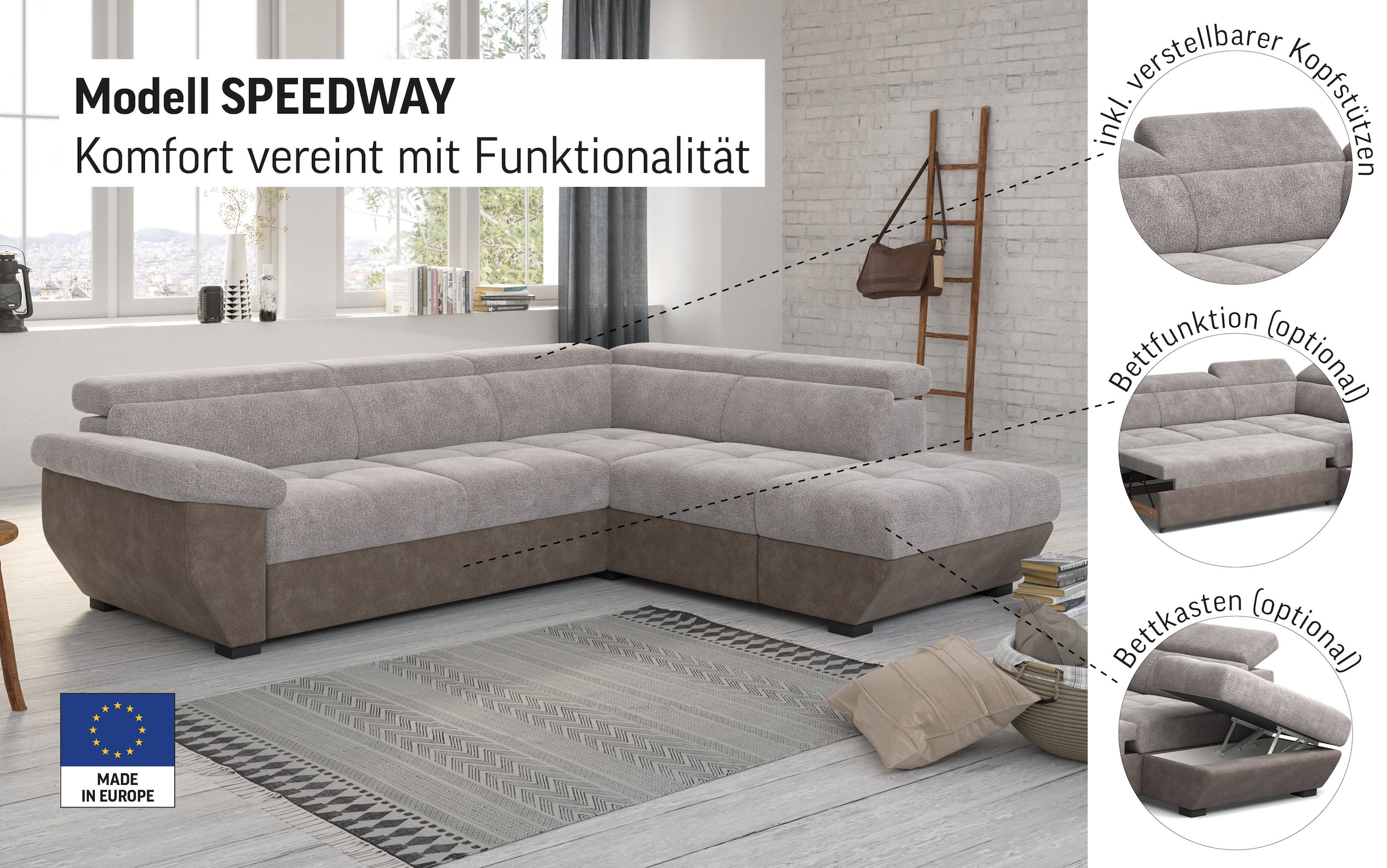 COTTA »Speedway L-Form« mit Kopfteilverstellung, wahlweise mit Bettfunktion & Bettkasten