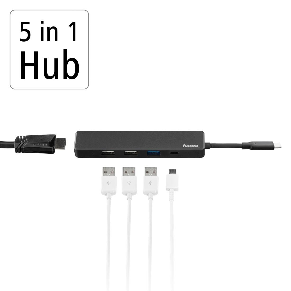 Hama USB-Adapter »USB-C Hub Multiport, 5 Ports, 3x USB A, USB C, HDMI™, Notebook, Laptop«, USB-C zu USB-C-HDMI-USB Typ A