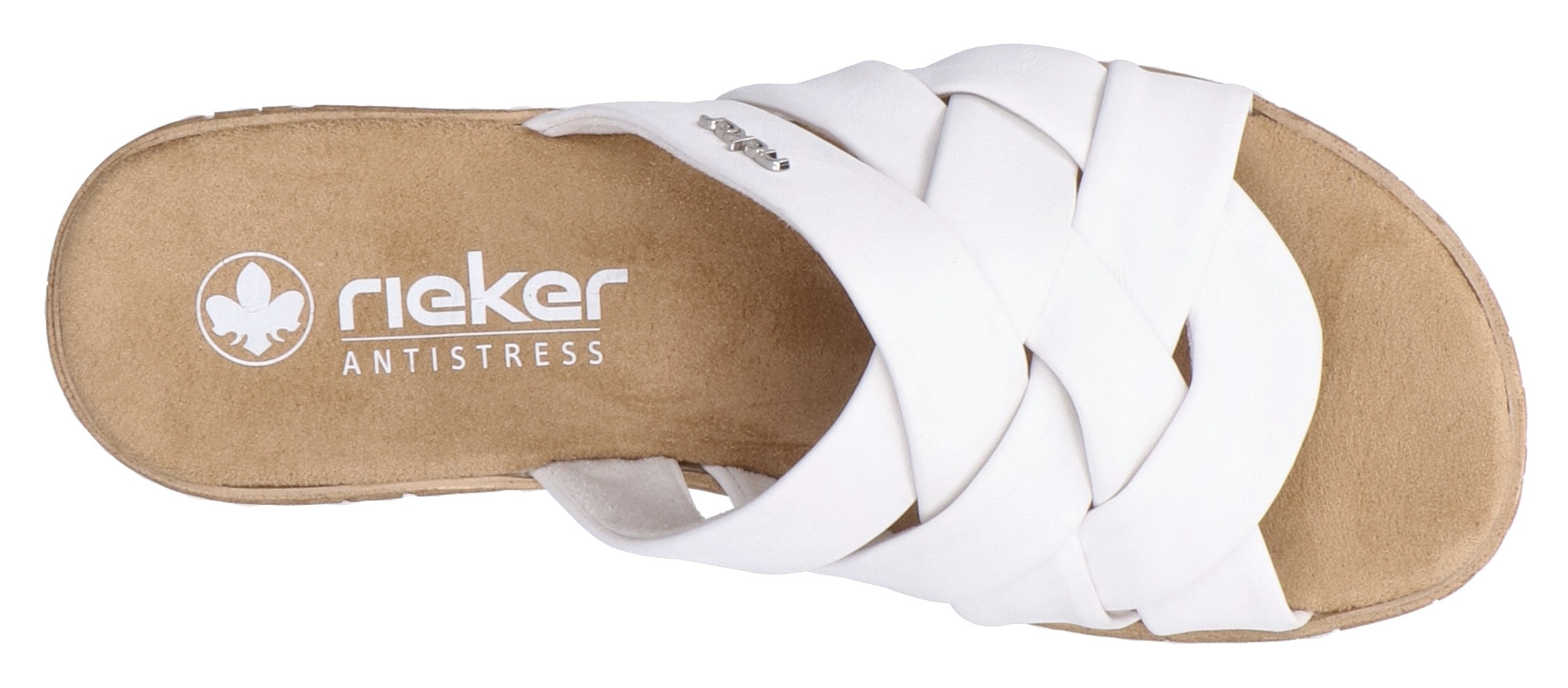 Rieker Pantolette, Sommerschuh, Schlappen, Hausschuh, Urlaubschuh mit Absatz in Korkoptik
