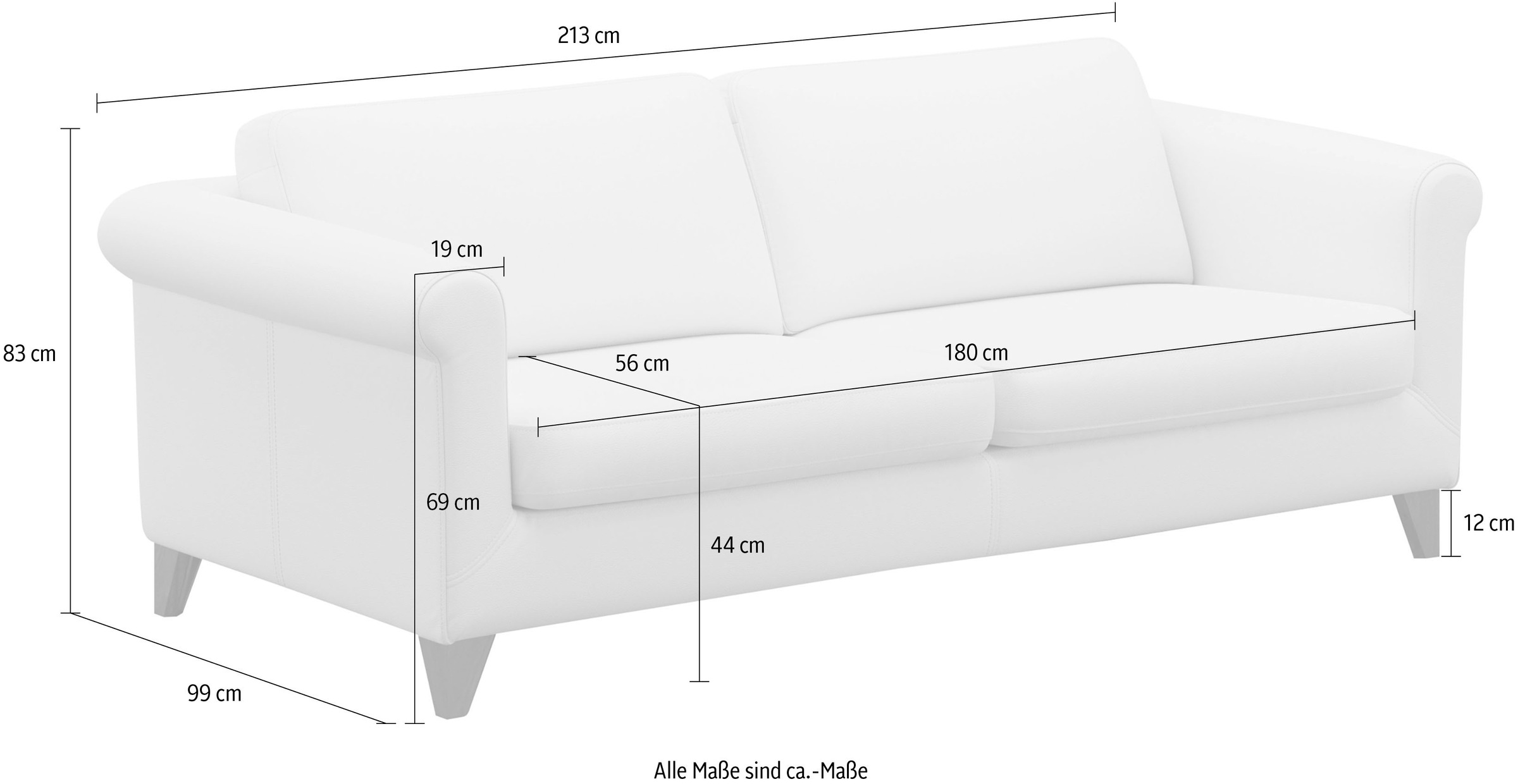 machalke® 3-Sitzer »amadeo«, Ledersofa mit geschwungenen Armlehnen, Breite 213 cm