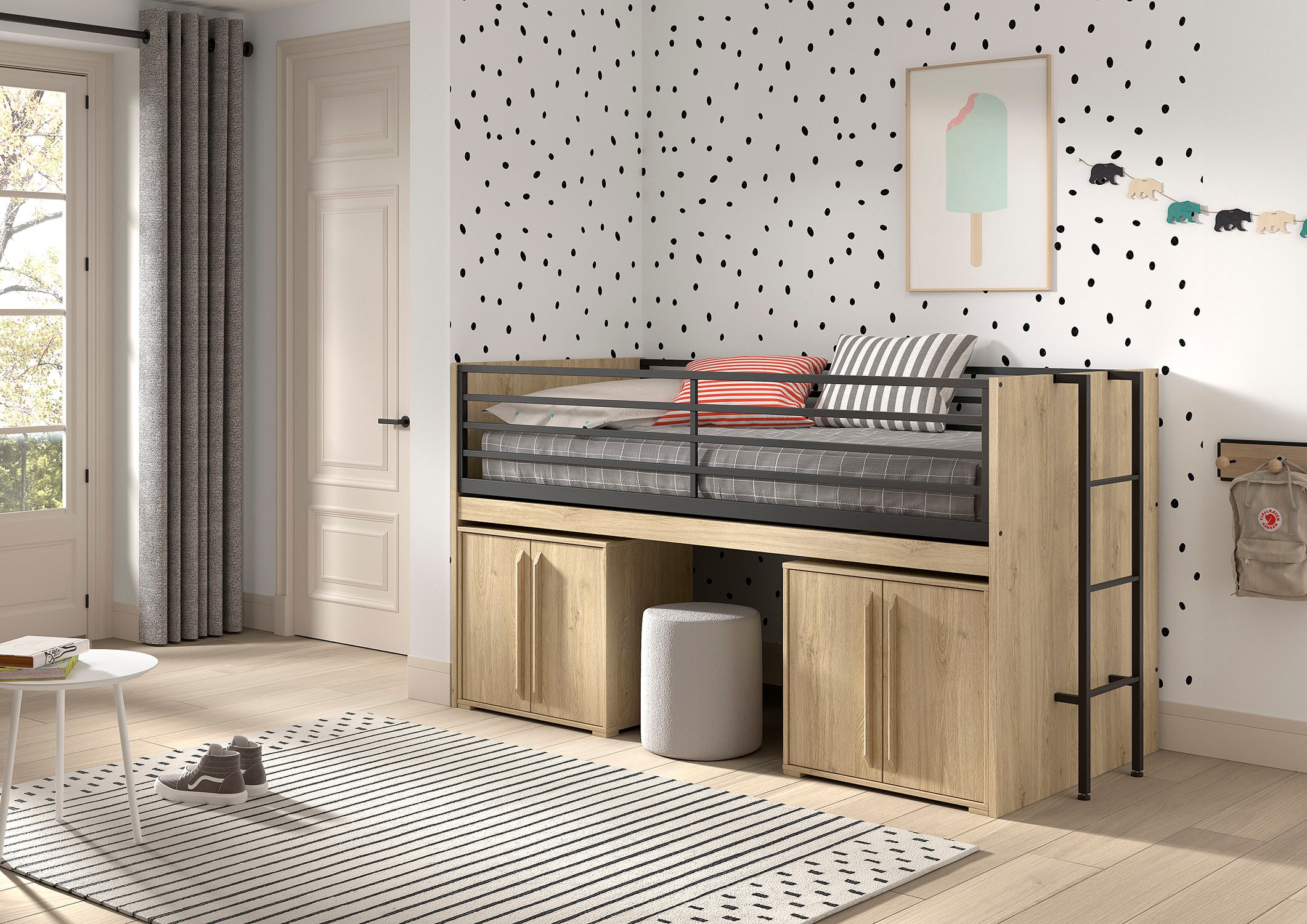 Vipack Stauraumbett »Sam, schlafen und arbeiten in einem, wahlweise Eiche- oder Weiß-Dekor« Liegefläche 90x200 cm, darunter eine große ausziehbare Schreibplatte,  mit Absturzschutz, Leiter u. Stauraum, pflegeleichte Dekor Oberfläche