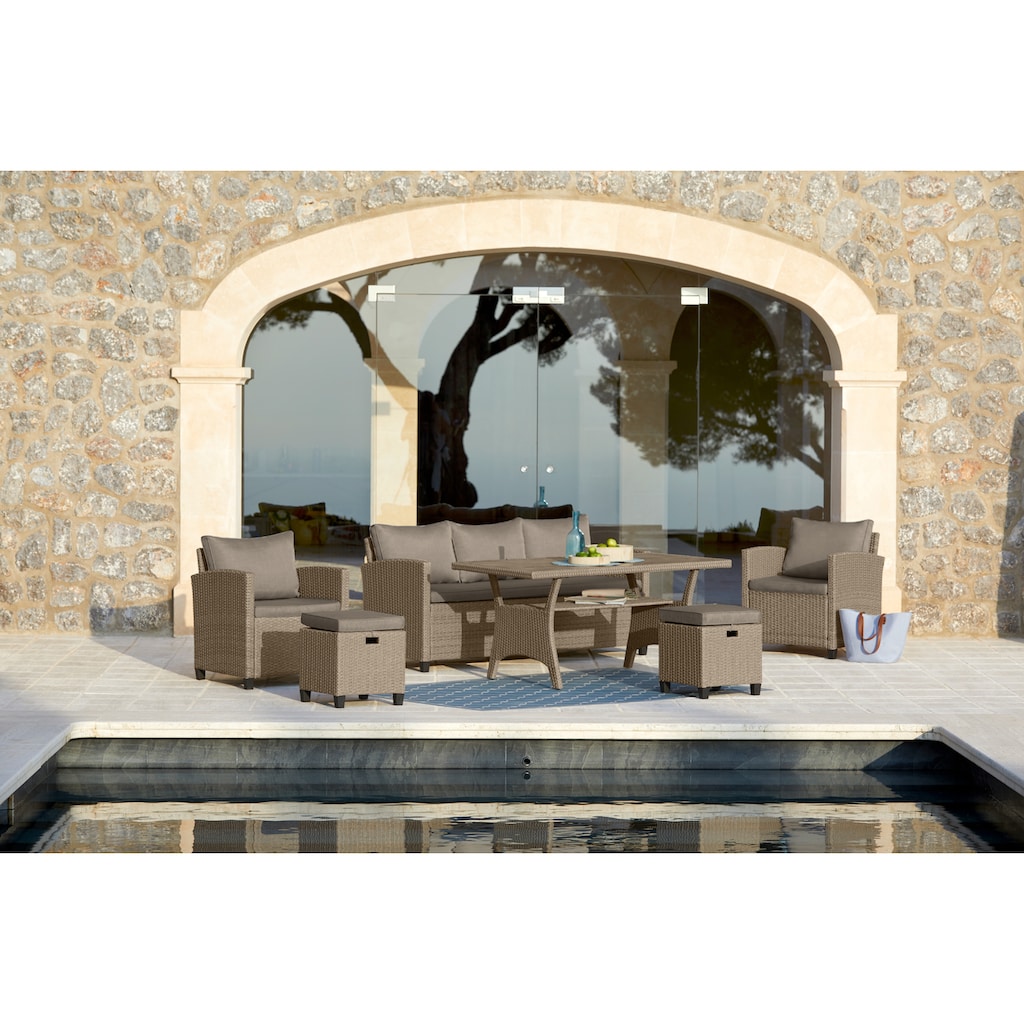 KONIFERA Gartenlounge-Set »Amsterdam«, (Set, 16 tlg., 1x 3er Sofa, 1x 2 Sessel, 2x Hocker, 1xTisch 144,5x74x67cm,Polyrattan), Stahl, Ablagefläche unter dem Tisch, Loungeset