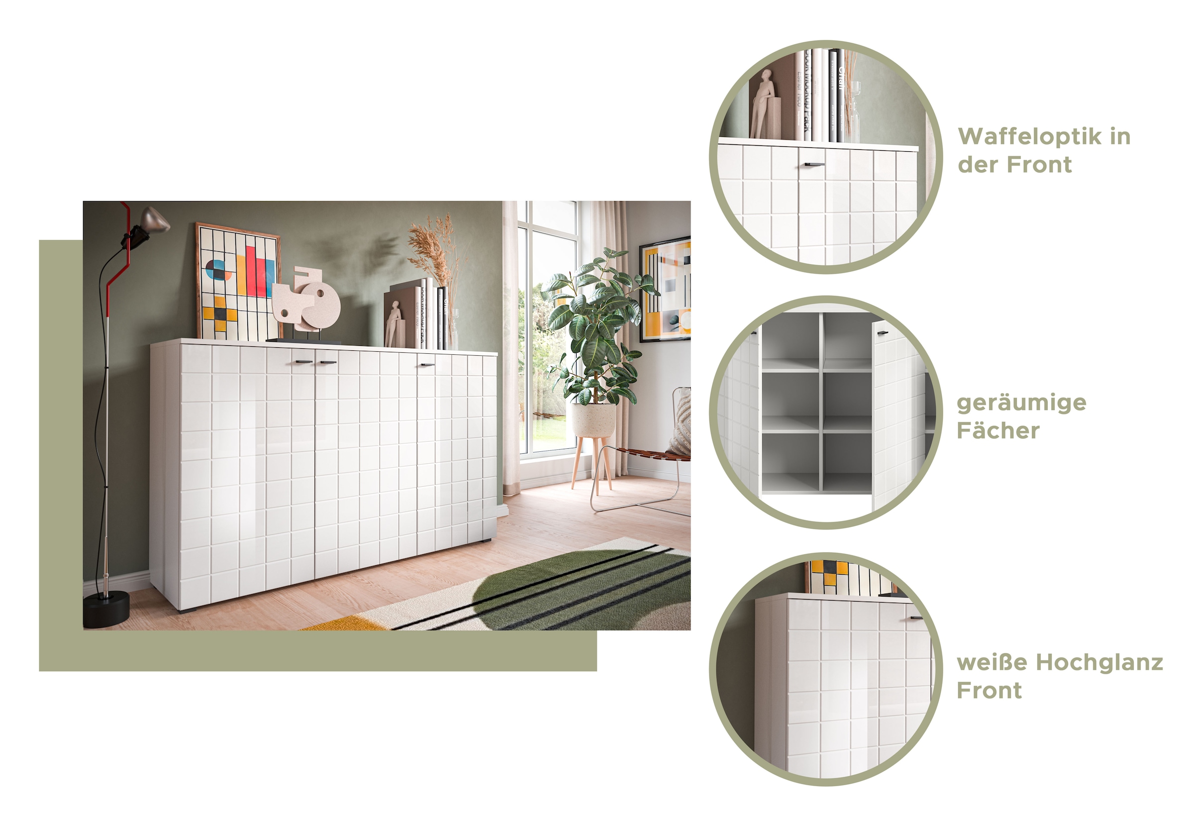 INOSIGN Sideboard »Gora, Breite 138 cm, gefräste Front in Waffeloptik hochglanz«, Kommode, Schrank, Anrichte