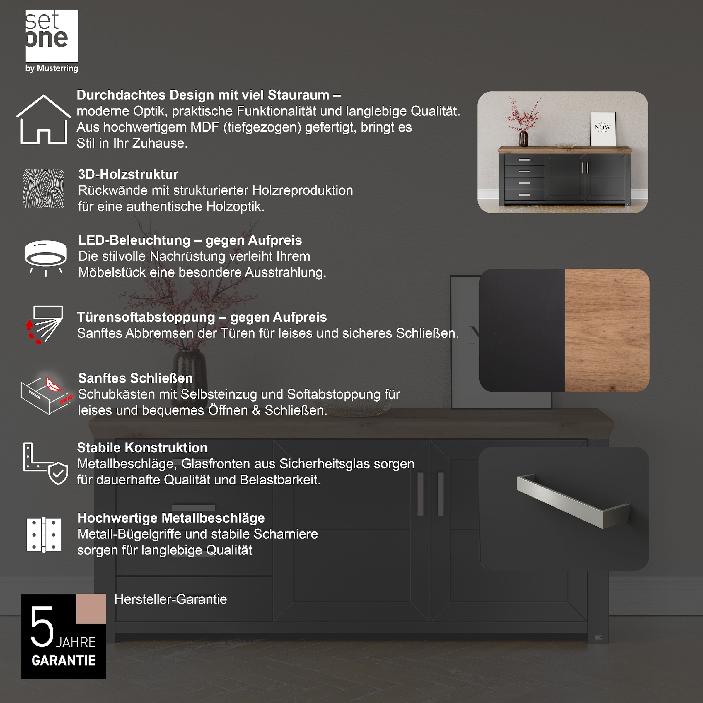 set one by Musterring Sideboard »York« Typ 51, mit viel Stauraum, Bügelgriff silber, B 184 x H 79 cm