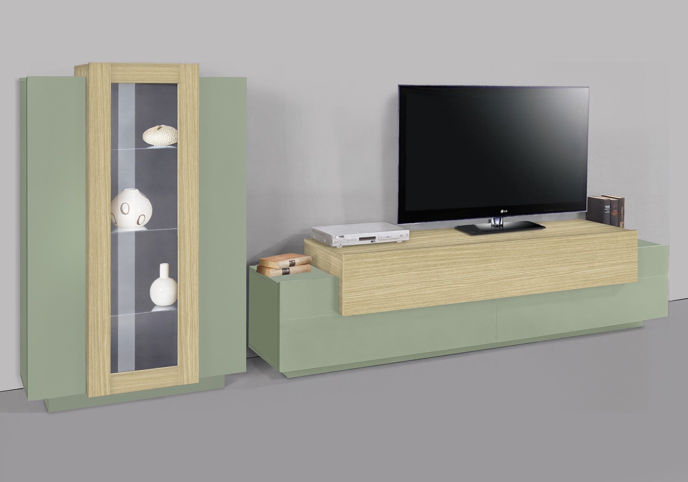 INOSIGN Wohnwand »Coro, Anbauwand, Medienwand« Set, 2 Stk. tlg. Lowboard 4 Fächern Breite 200 cm und Vitrine 3 Türen Breite 80 cm