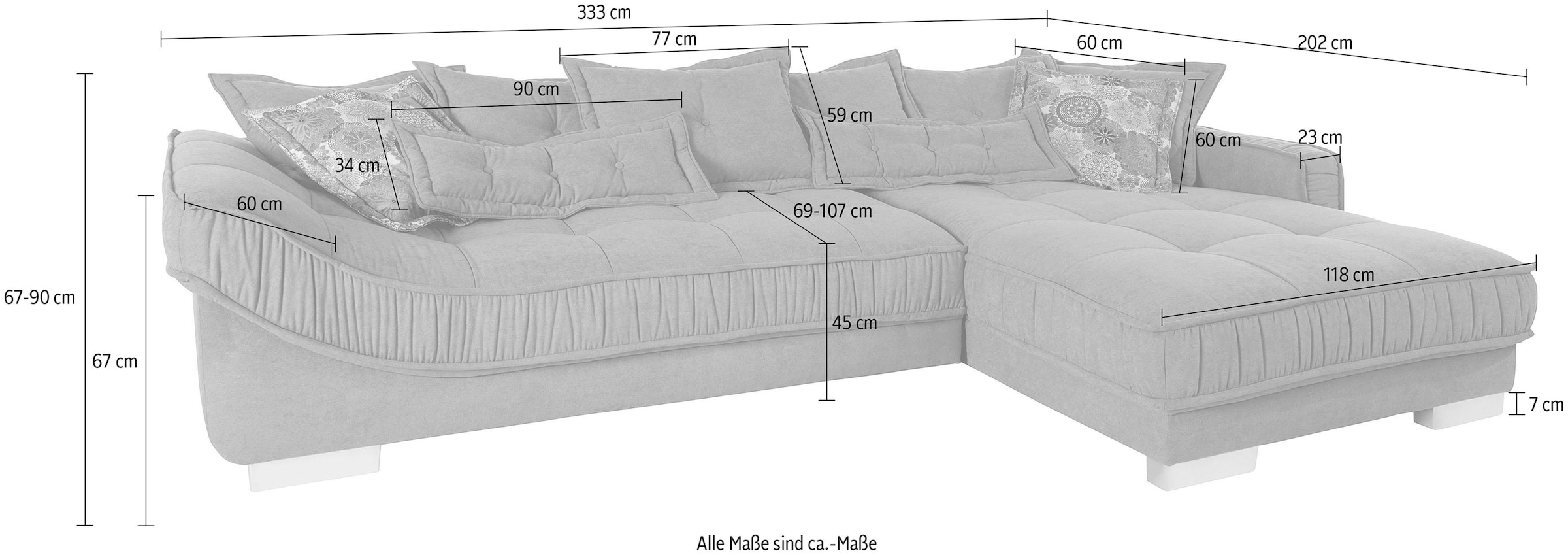 INOSIGN Ecksofa »Diwan L-Form«, mit vielen losen Kissen, Faltenwurf und Steppung im Sitzbereich