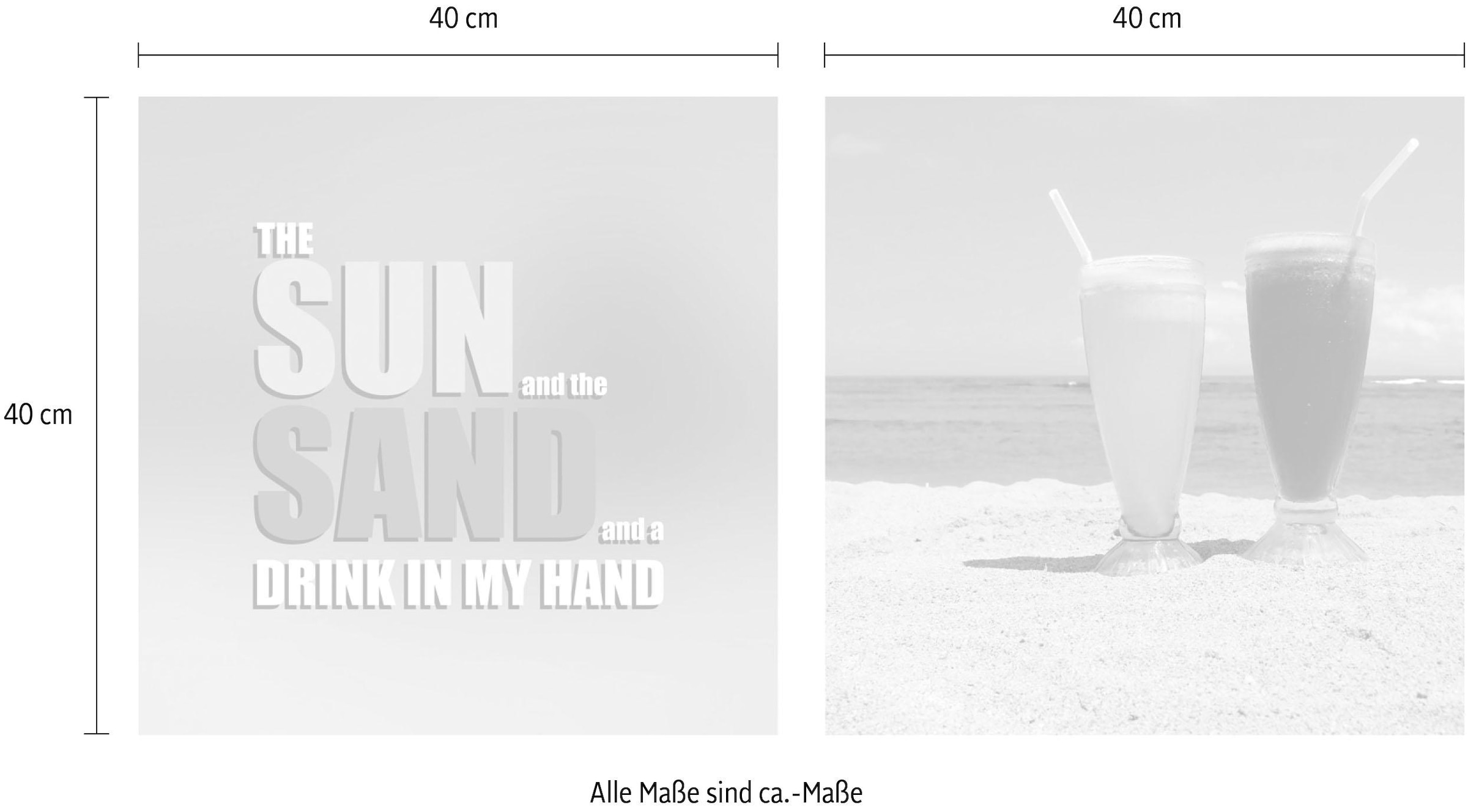 queence Leinwandbild »Drink in my Hand«, Getränke-Strand-Strandbilder-Meer-Meer Bilder-Kunst-Modern-Spa-Spa Bilder-Sprüche-Sprüche & Texte-Schriftzug-Schriftzüge, (Set), Premium-Leinwandstoff, Handarbeit aus Deutschland, Spruch, 2er Set
