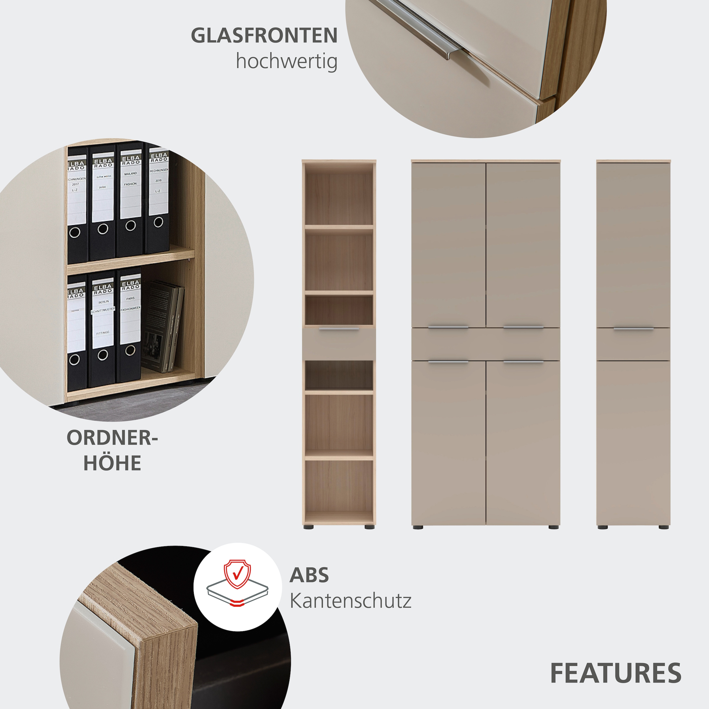 Innostyle Aktenregal »Büroregal Santorin, 40x 198x 38 cm (B/H/T)« 1 Stk. tlg. 1 Schubkasten, 6 offene Fächer, Softclose, Metallgriff