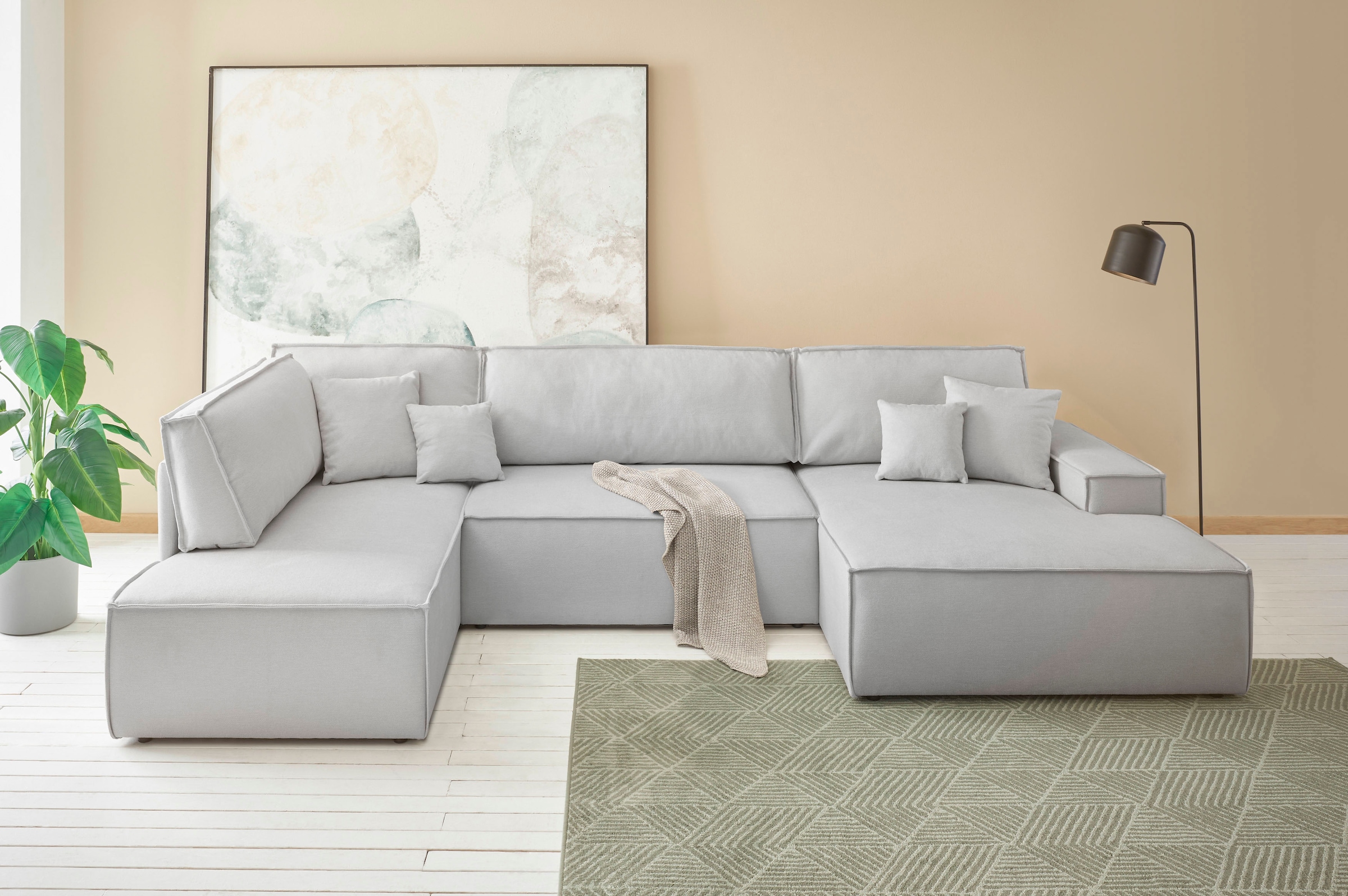OTTO home Wohnlandschaft "FINNLEY Struktur U-Form XXL 329 cm - OTTO. Verlässliche Qualität." Schlafsofa, Bettkasten, in Bouclé, Struktur fein und Mega Cord