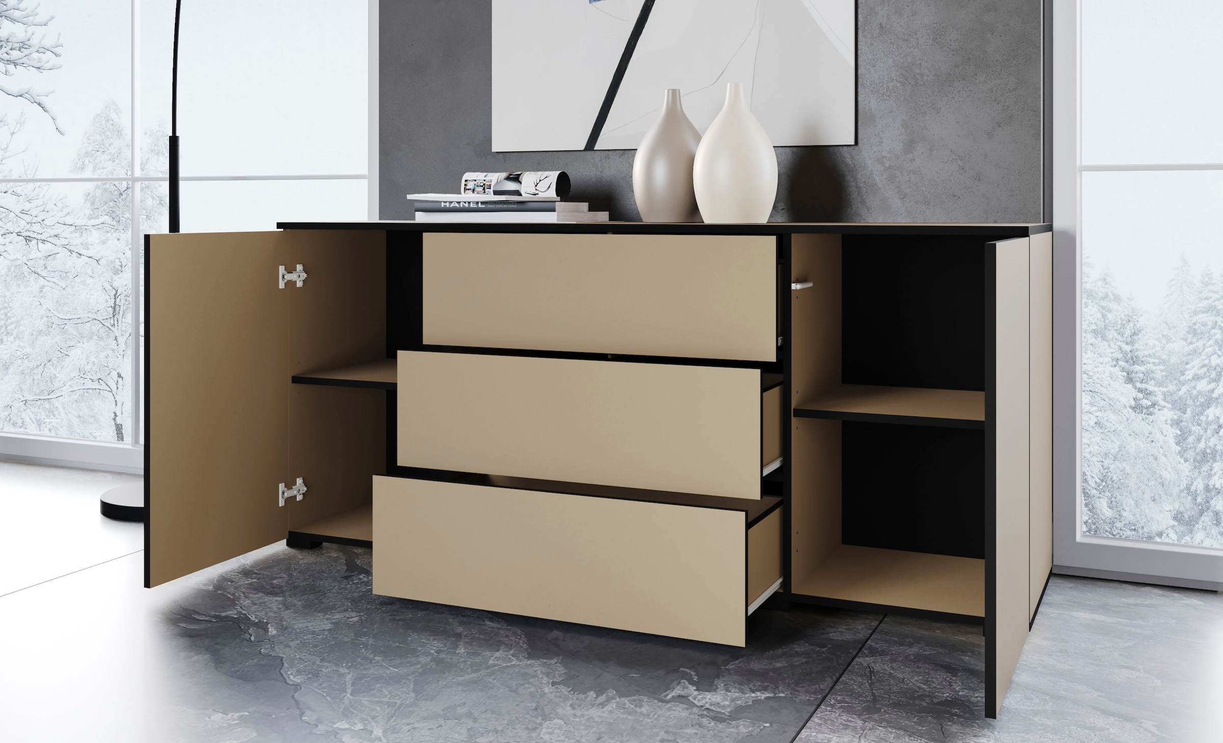 INOSIGN Sideboard »PARIS«, (1 St.), Moderne 150cm breite grifflose Kommode, vielseitig einsetzbar