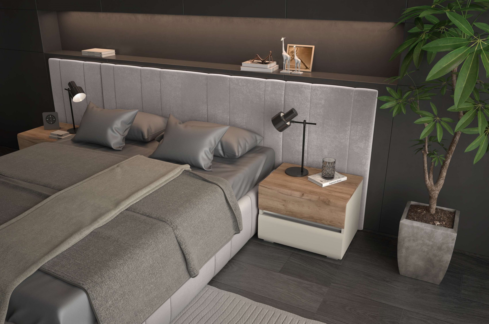 Places of Style Nachtkommode »Invictus, UV lackiert (matt), mit Soft-Close-Funktion, grifflos«, (Trendfarbe cashmere kombiniert mit Eicheoptik), 2 Schubladen, 60/45/45cm (B/T/H), FSC-zertifiziert