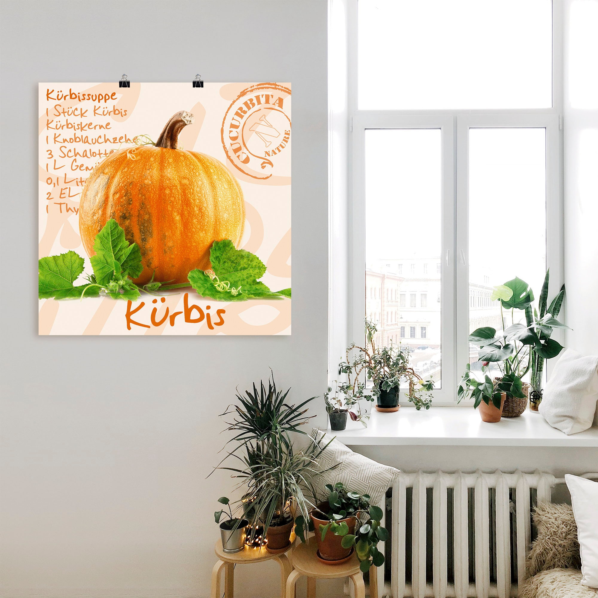 Artland Wandbild »Gelber Kürbis mit grünen Blättern«, Lebensmittel, (1 St.), als Poster, Wandaufkleber in verschied. Größen